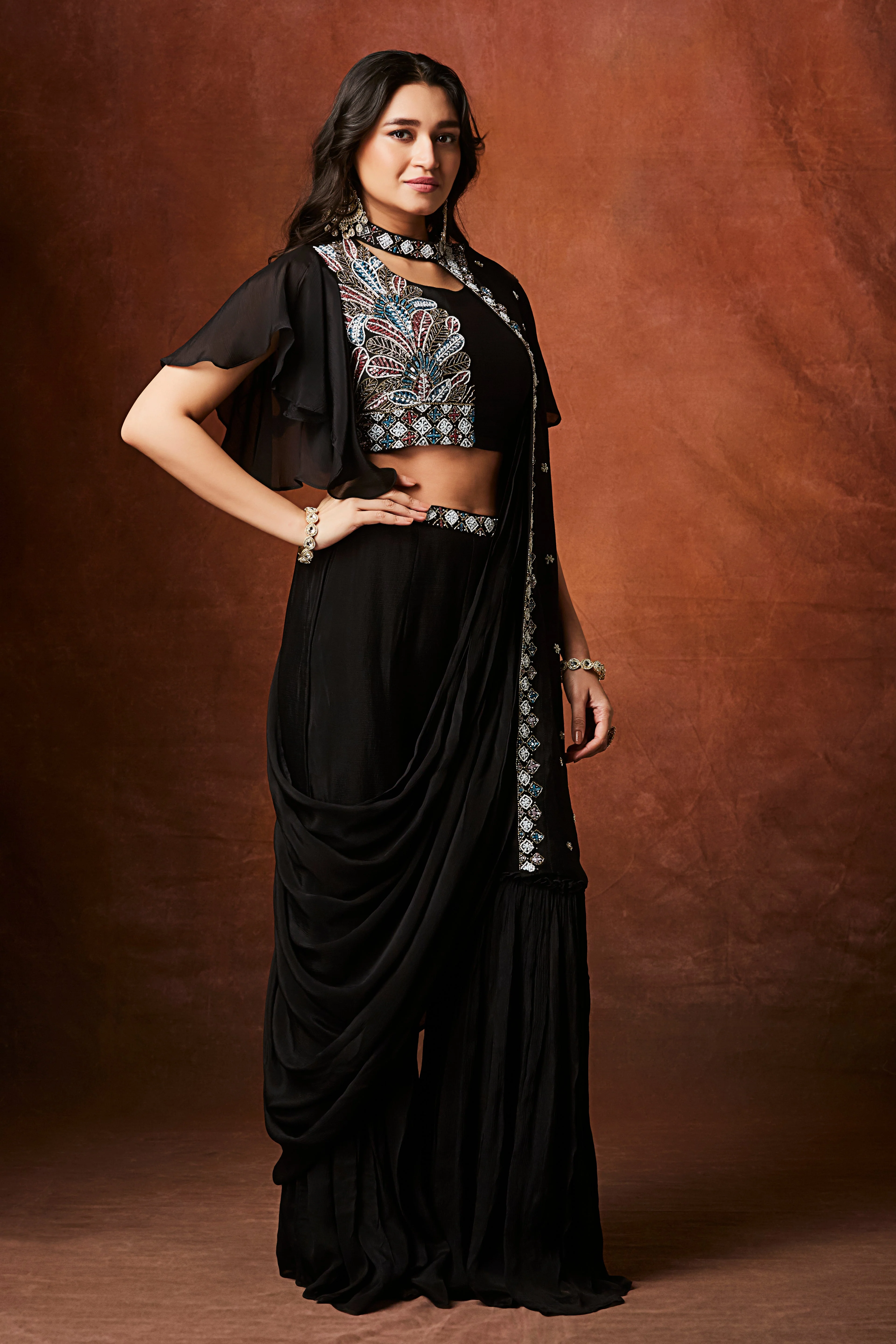 Coal Black Embellished Chinon Silk Palazzo Set - Image 4