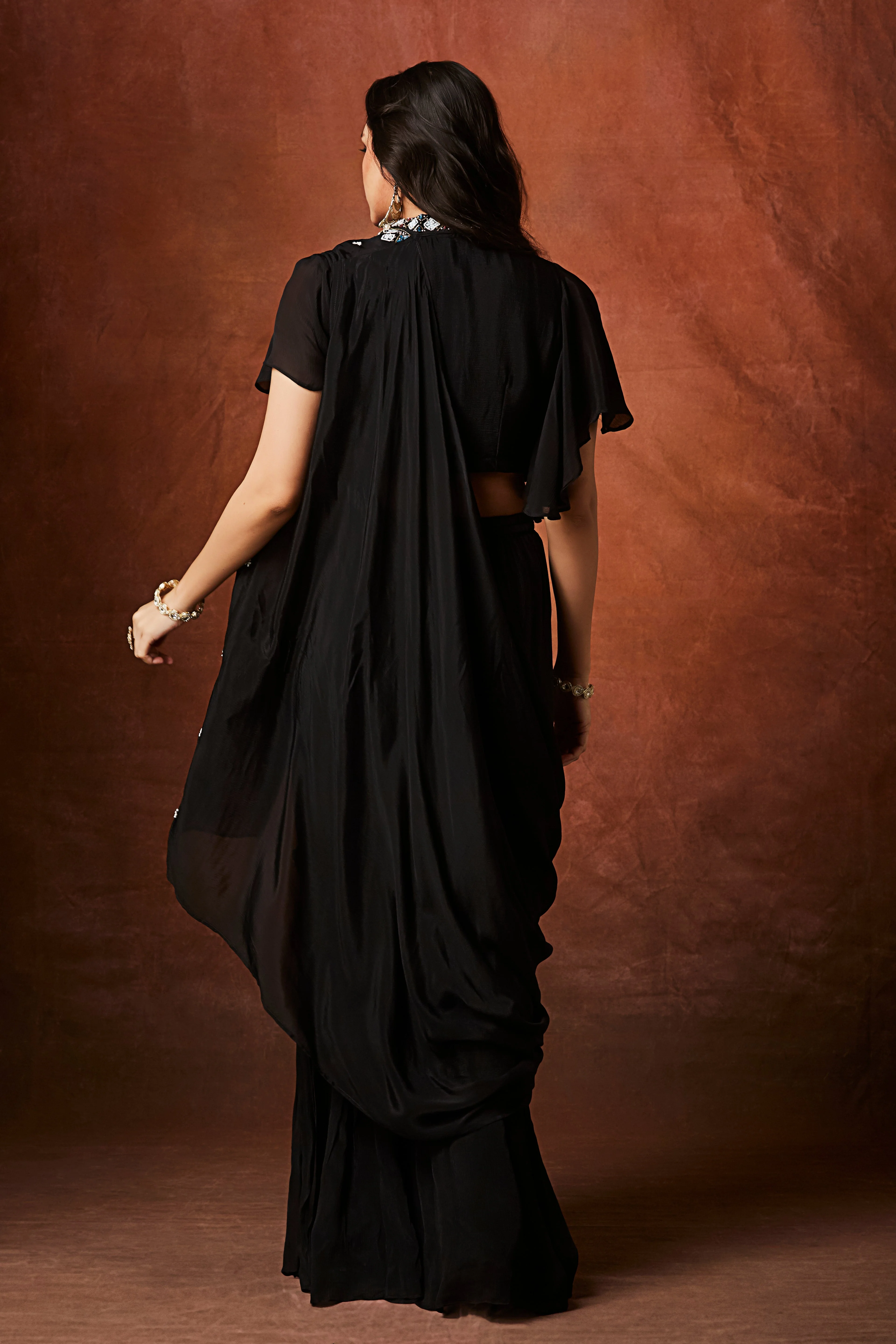 Coal Black Embellished Chinon Silk Palazzo Set - Image 5