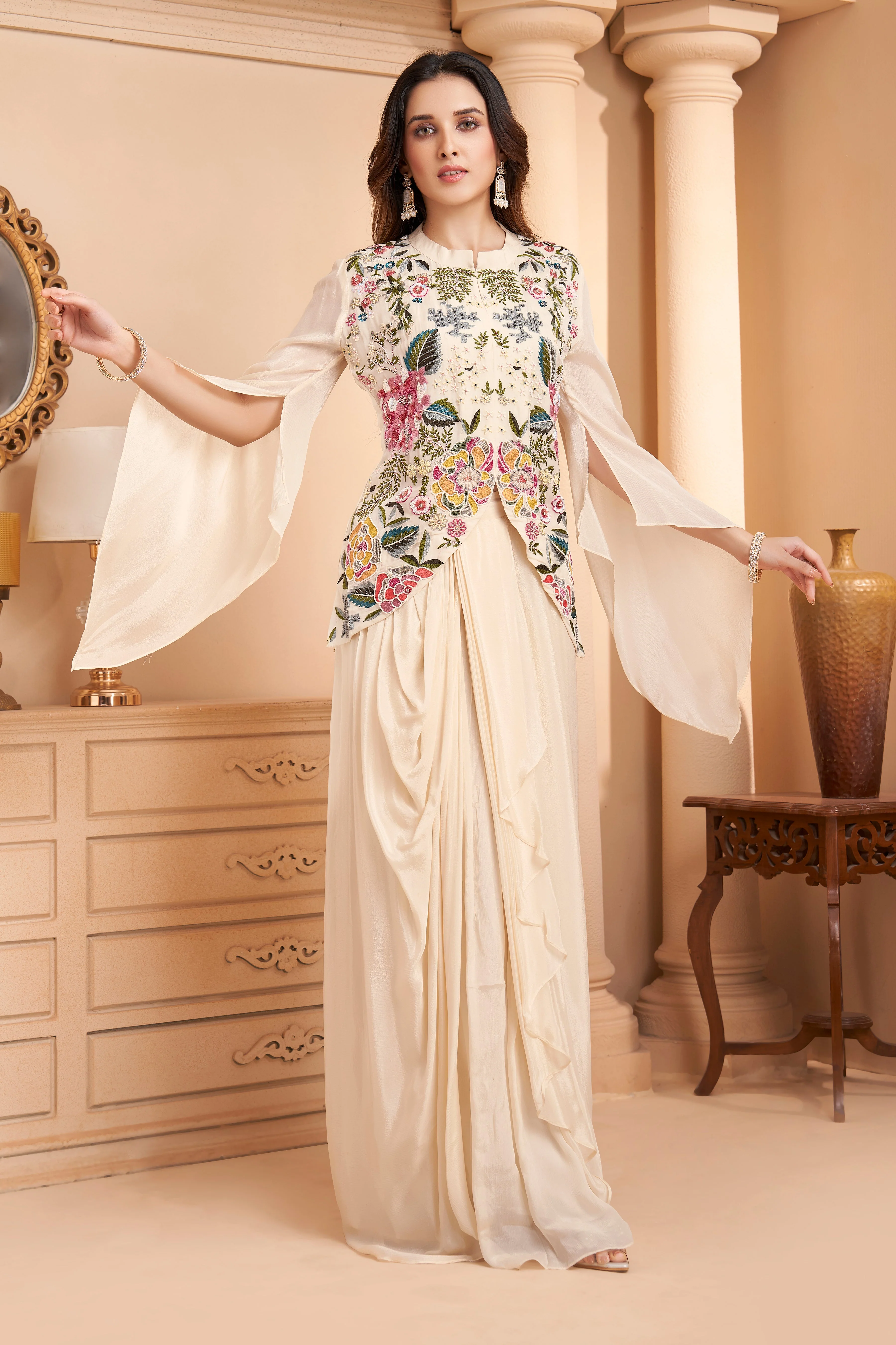 Ivory White Embellished Chinon Silk Skirt Set