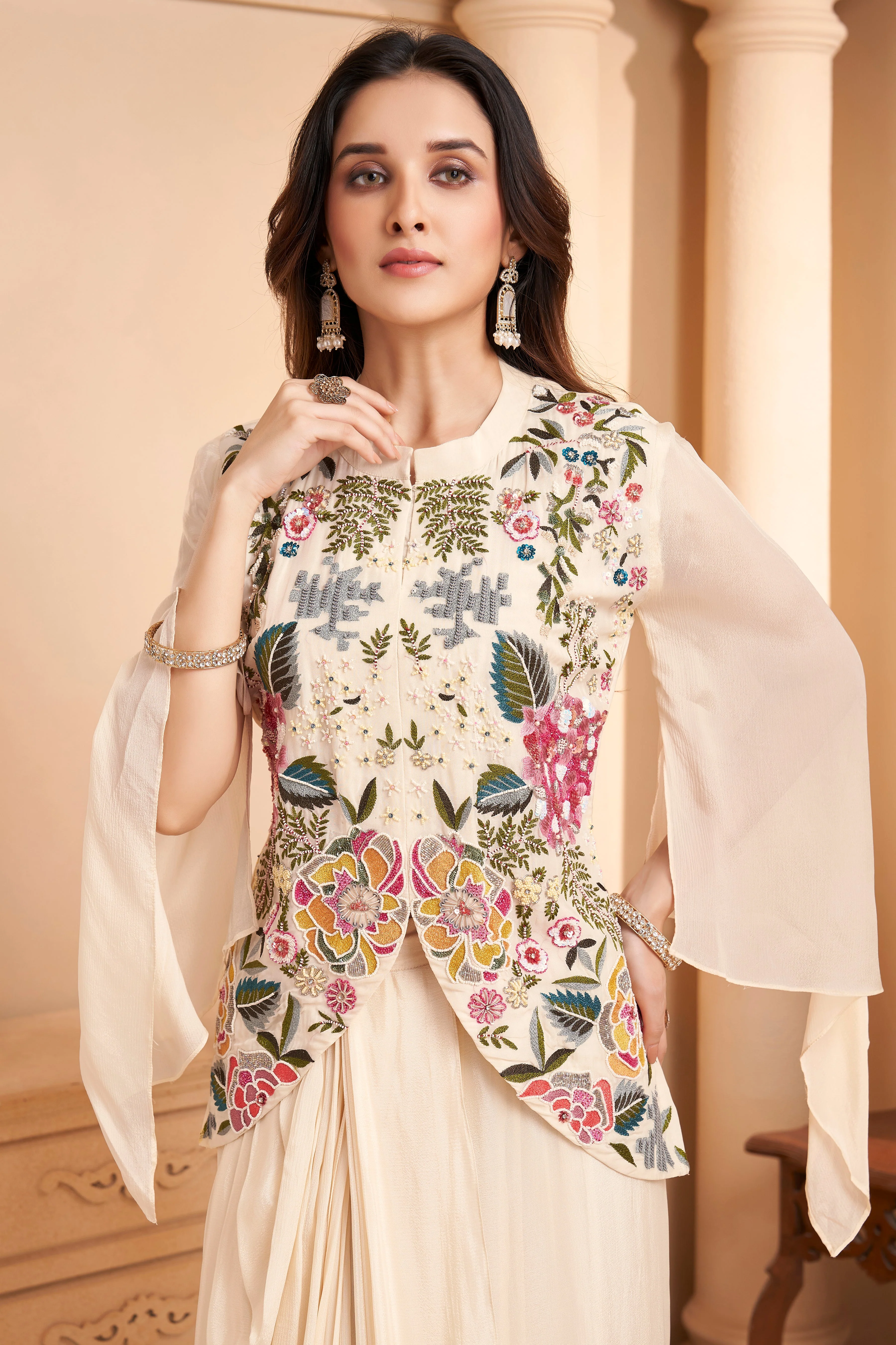 Ivory White Embellished Chinon Silk Skirt Set - Image 2