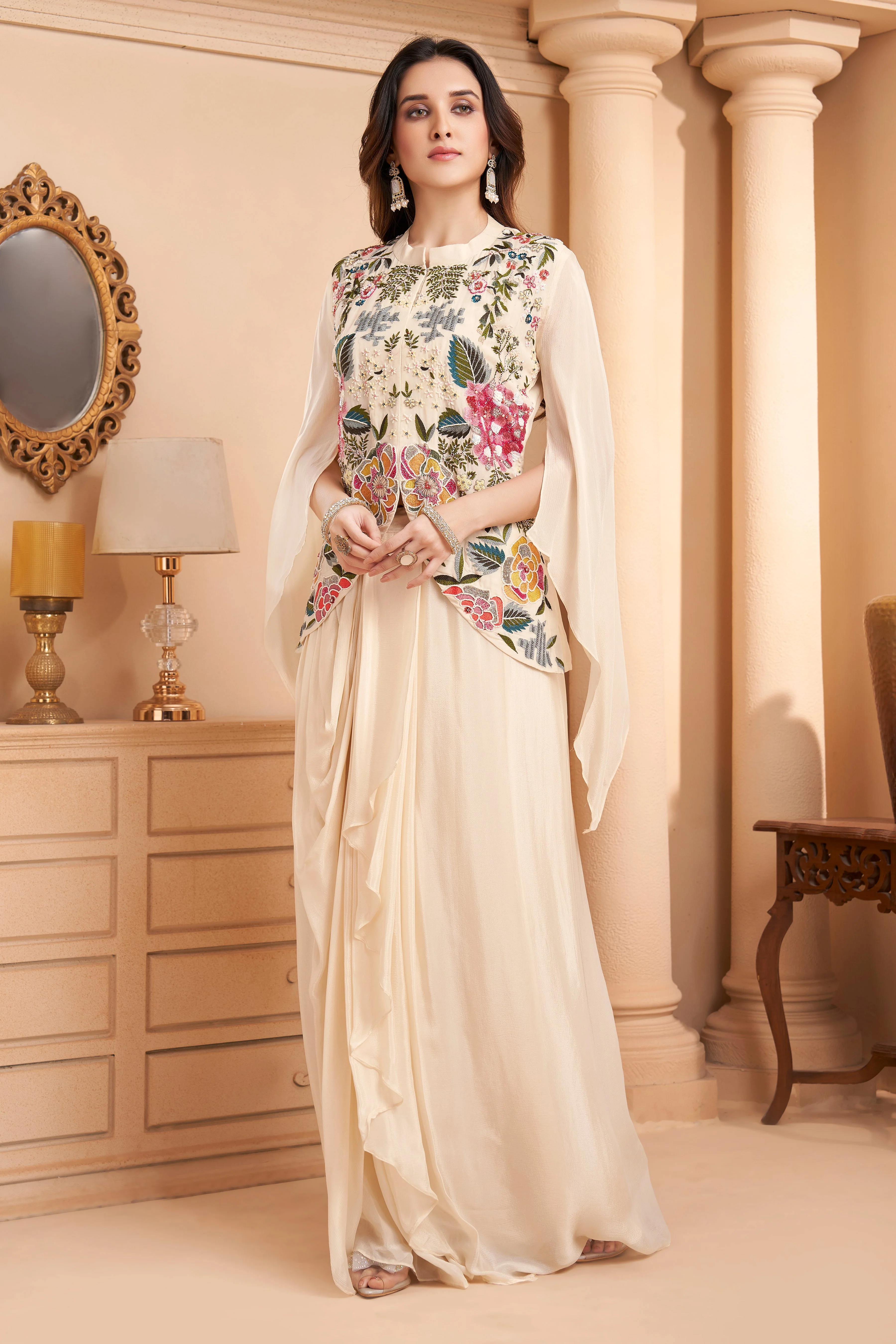 Ivory White Embellished Chinon Silk Skirt Set - Image 3