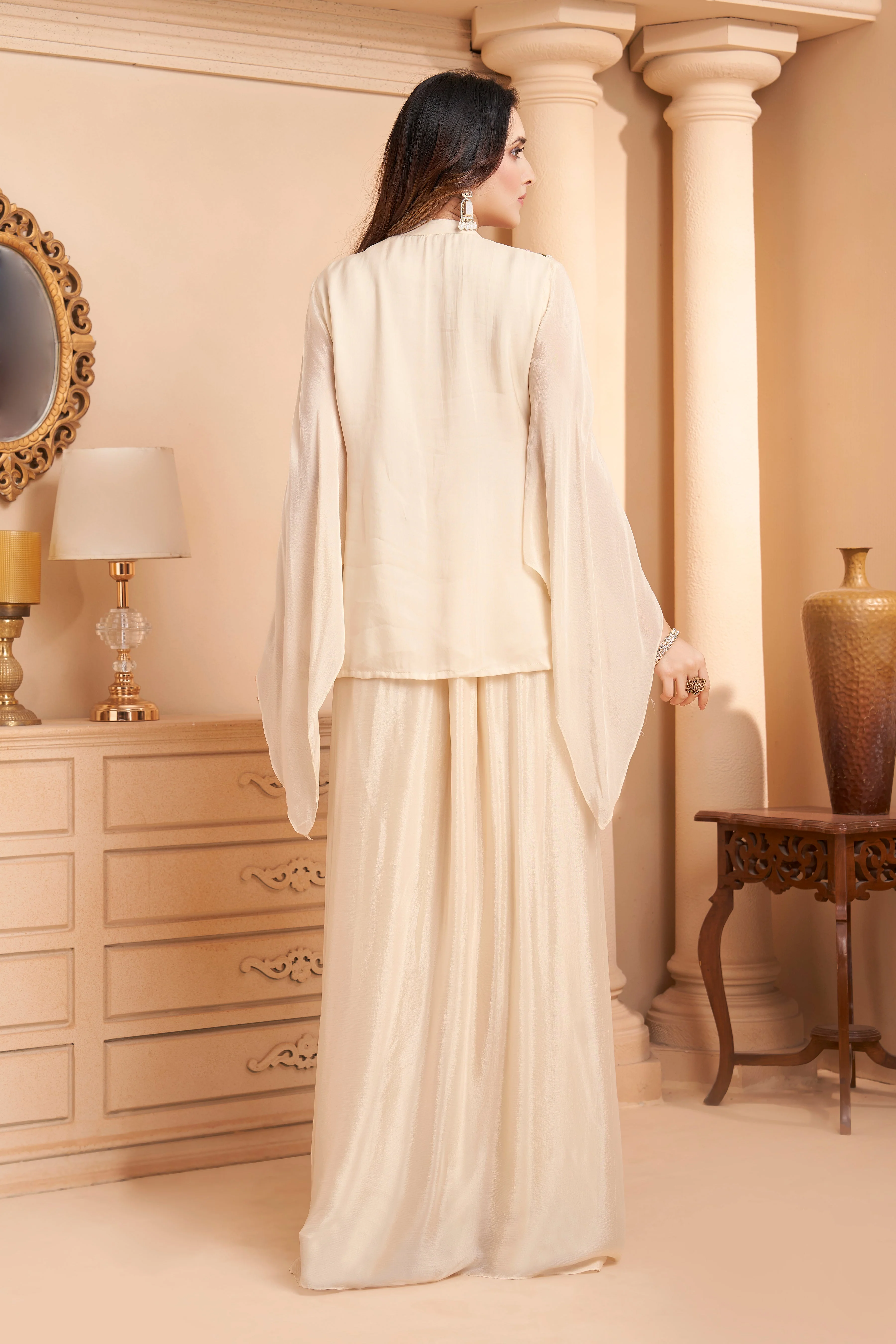 Ivory White Embellished Chinon Silk Skirt Set - Image 4