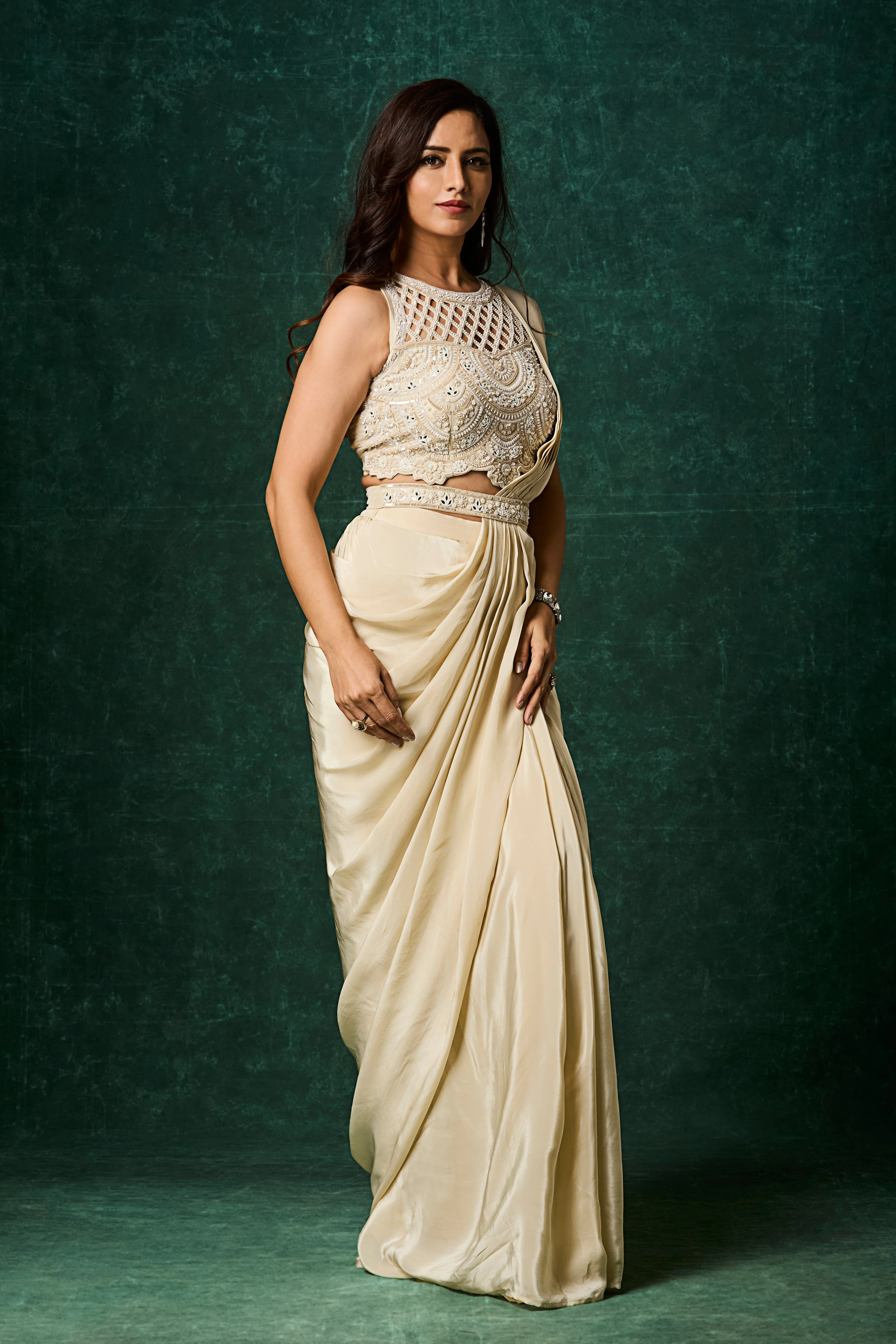 Light Beige Embellished Crepe Silk Drape Saree - Image 3