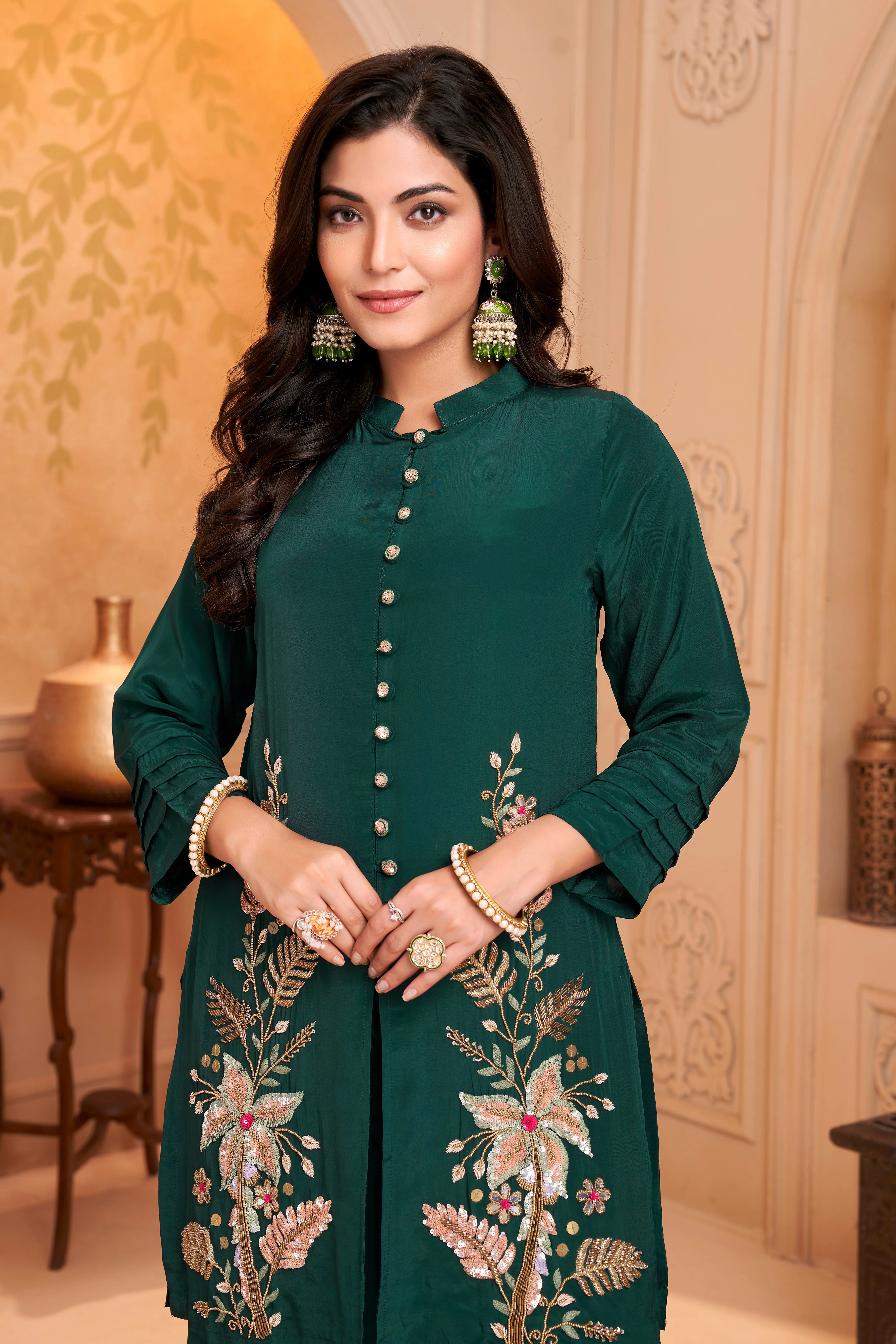 Forest Green Embellished Crepe Silk Palazzo Set - Image 2