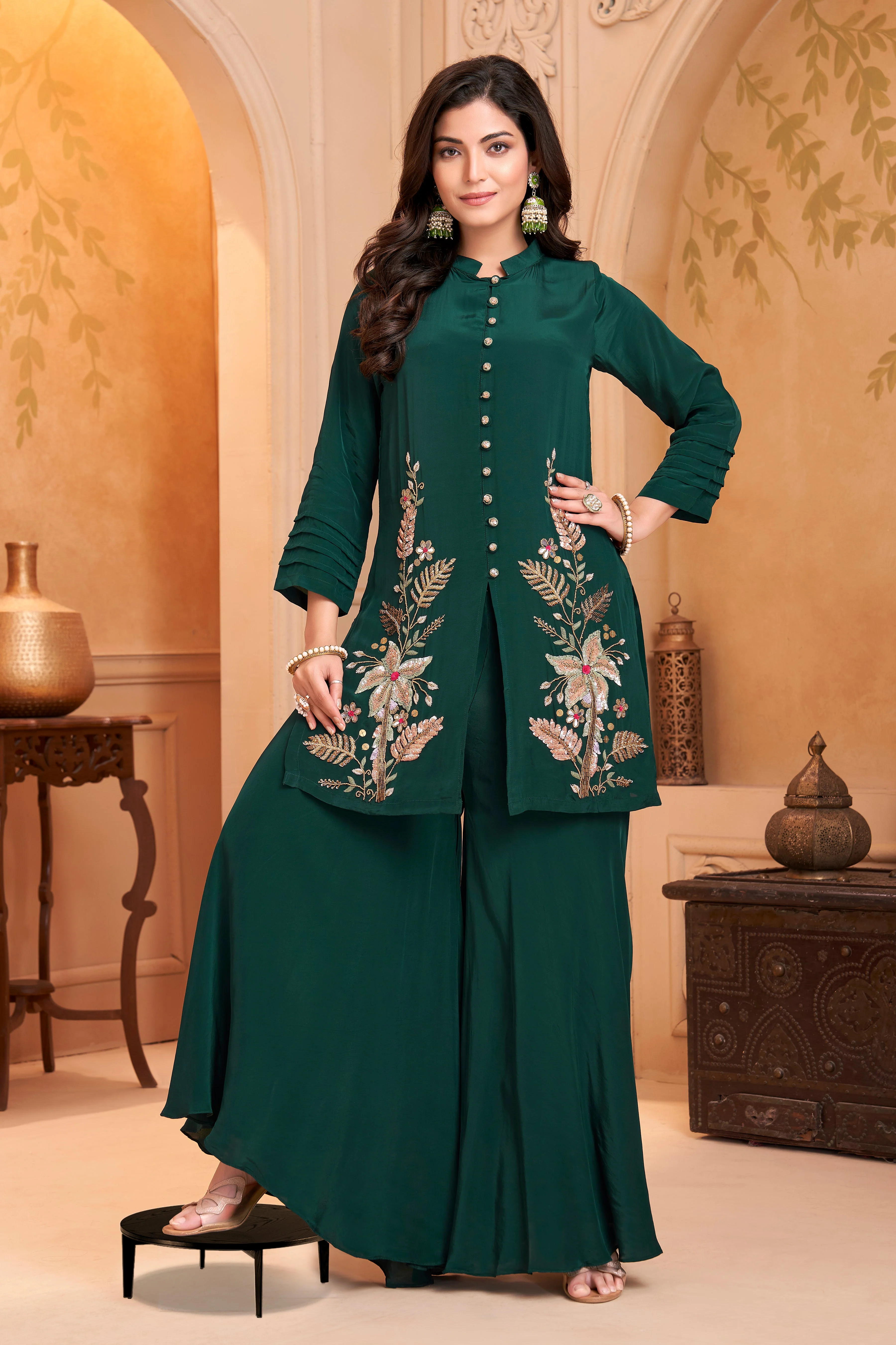 Forest Green Embellished Crepe Silk Palazzo Set - Image 3