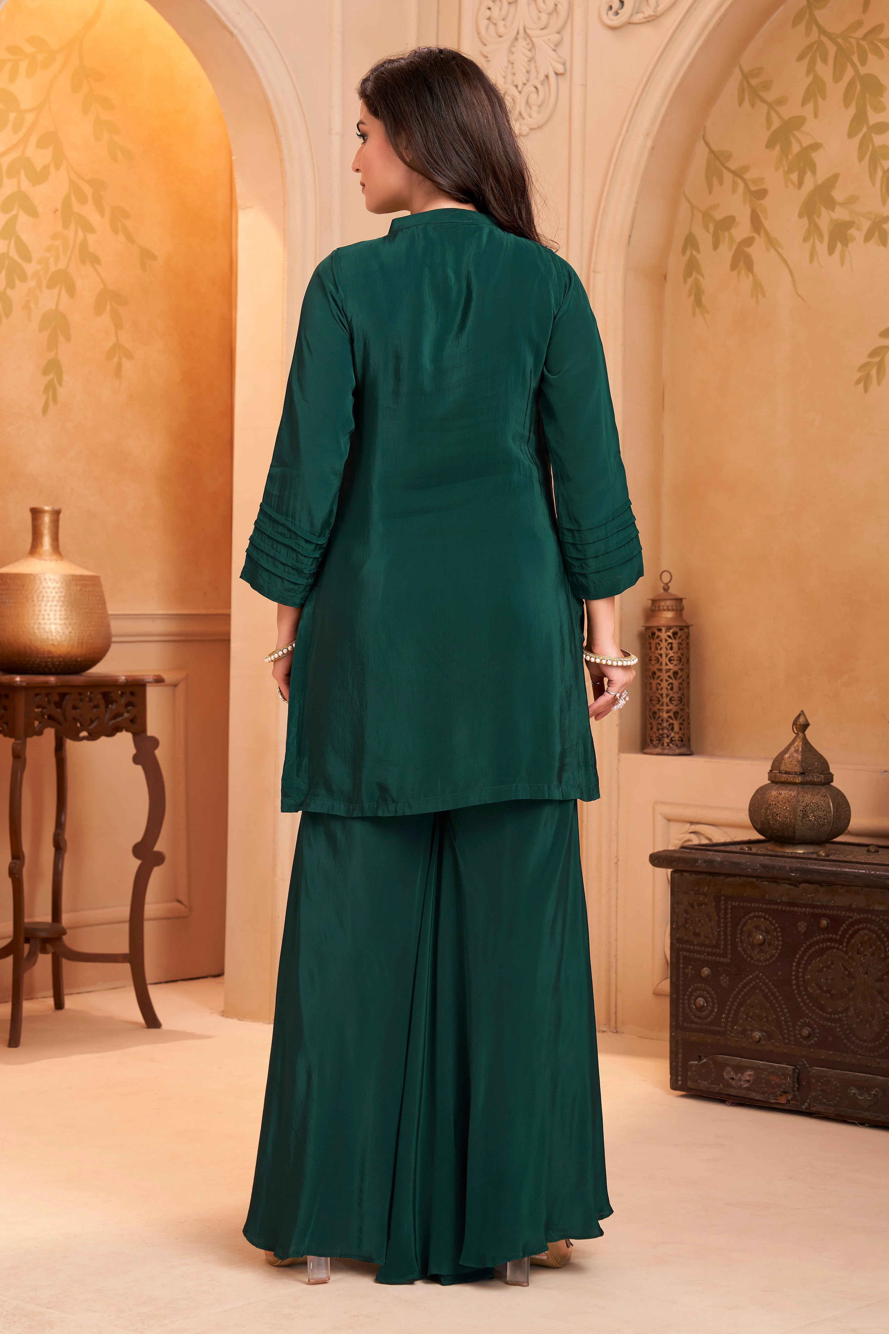 Forest Green Embellished Crepe Silk Palazzo Set - Image 4