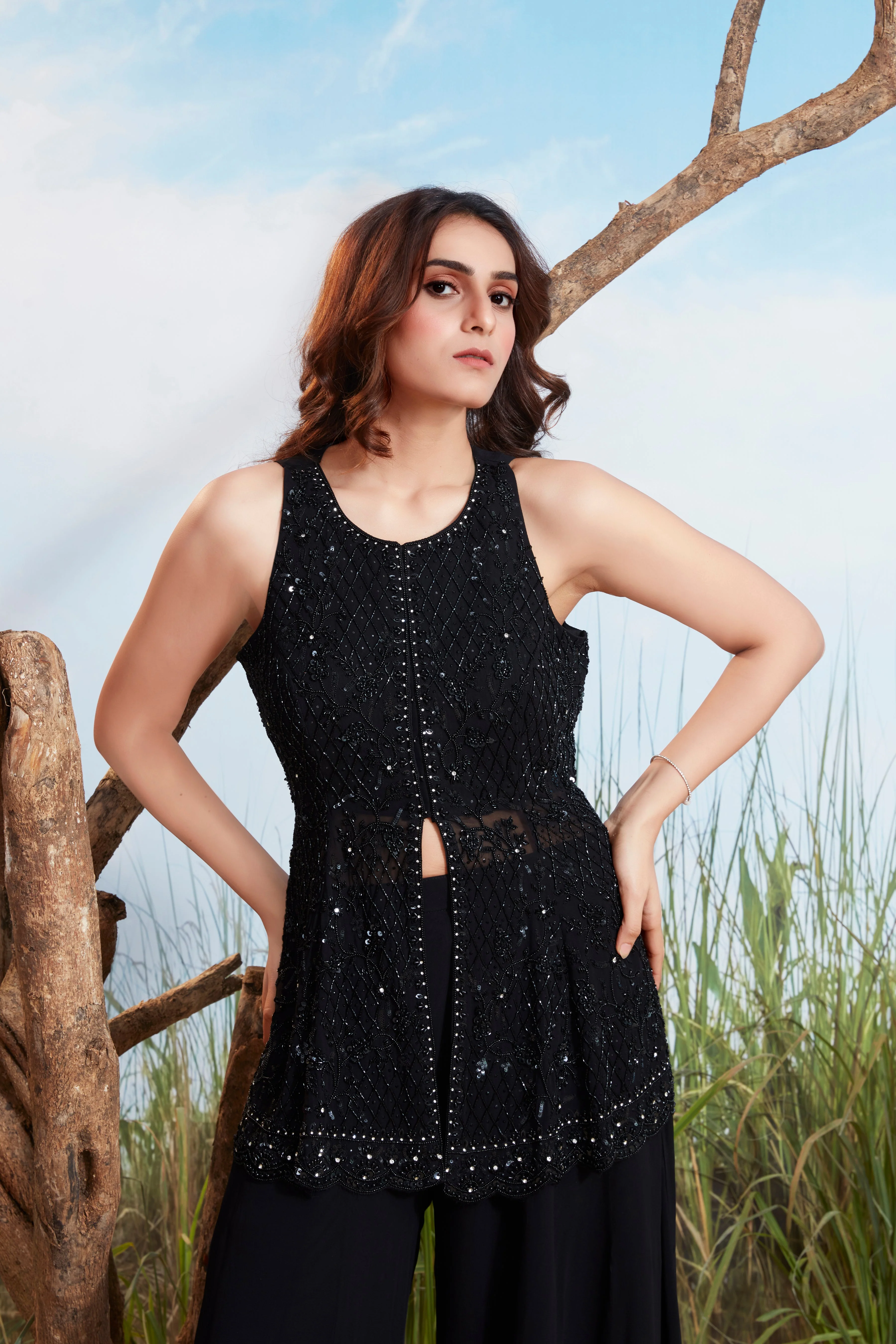 Chic Black Embellished Georgette Silk Palazzo Set - Image 2