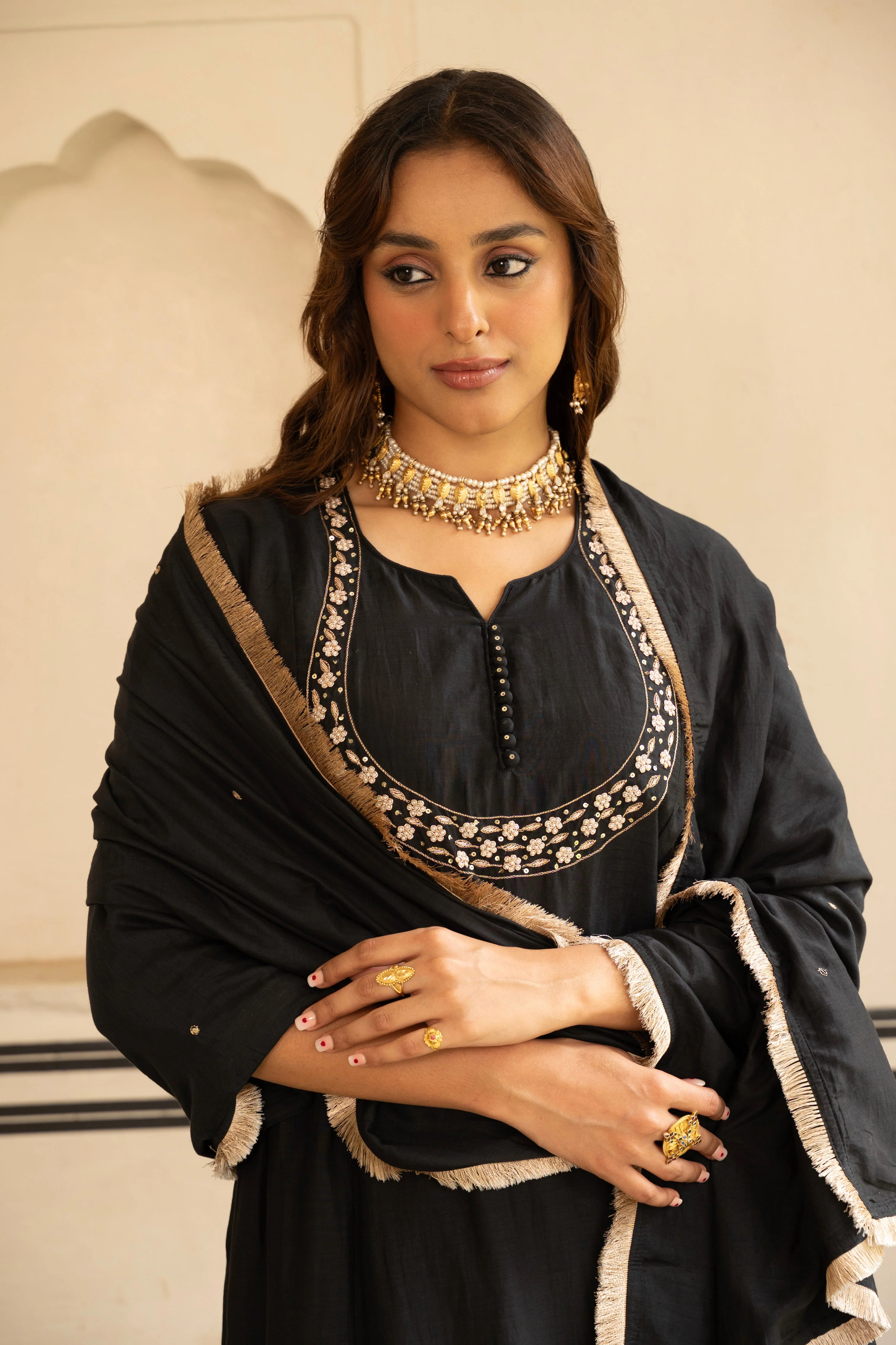 Coal Black Embellished Mul Chenderi Pant Set - Image 2
