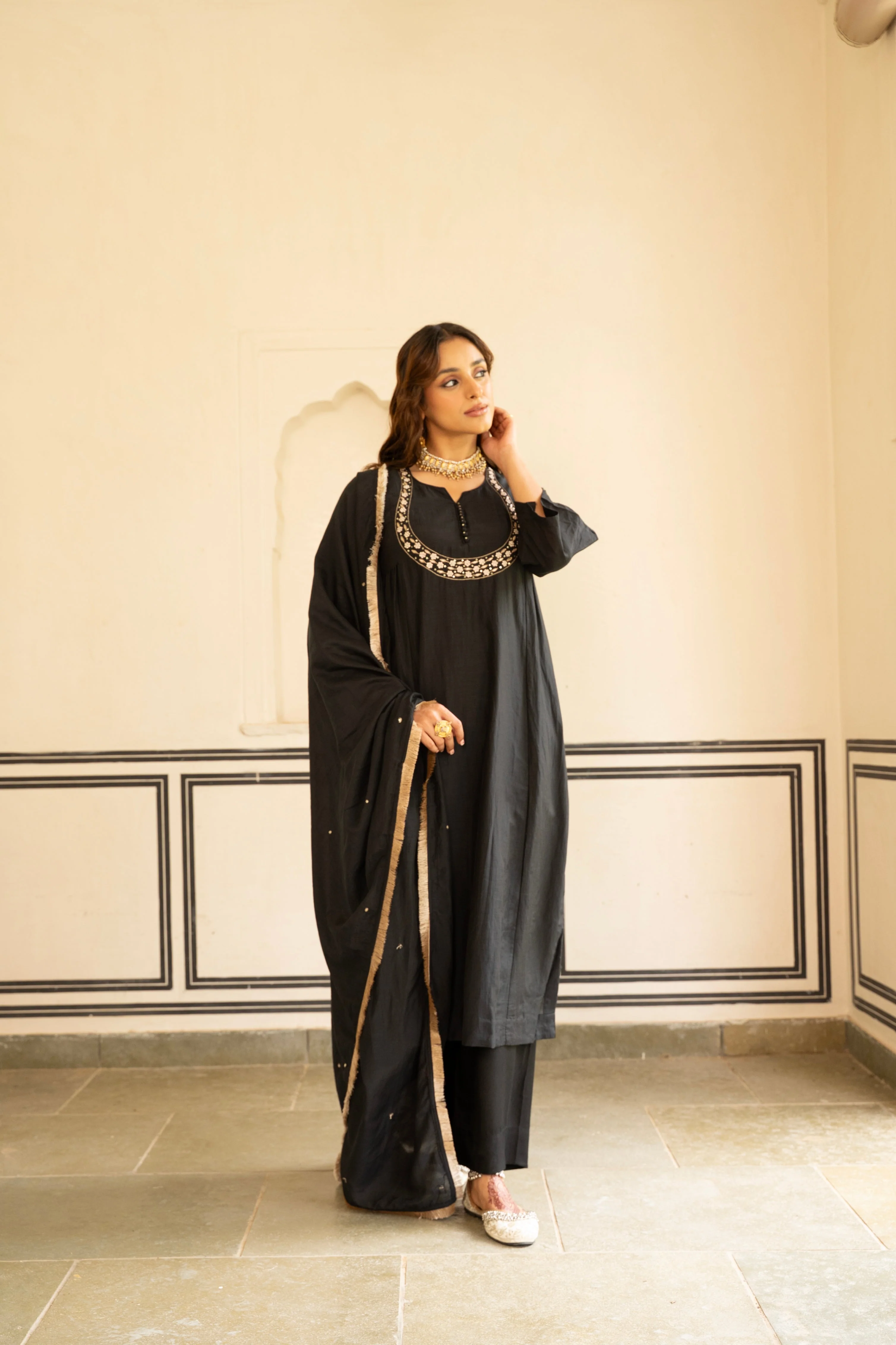 Coal Black Embellished Mul Chenderi Pant Set - Image 4