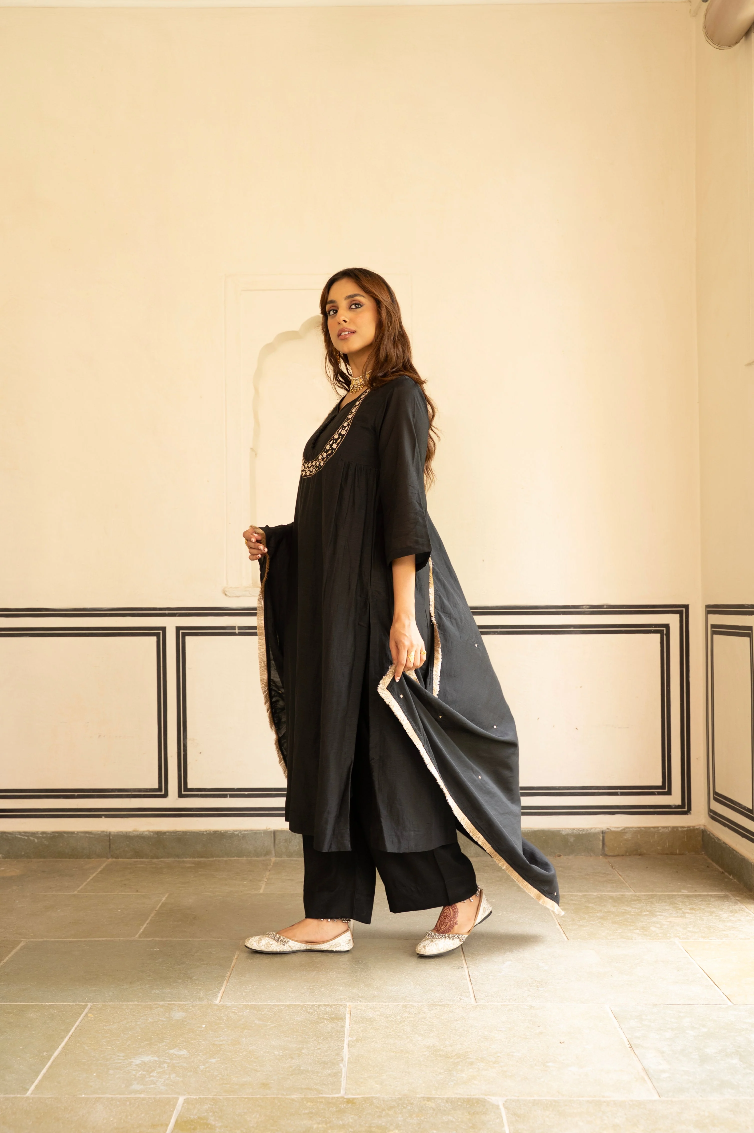 Coal Black Embellished Mul Chenderi Pant Set - Image 5
