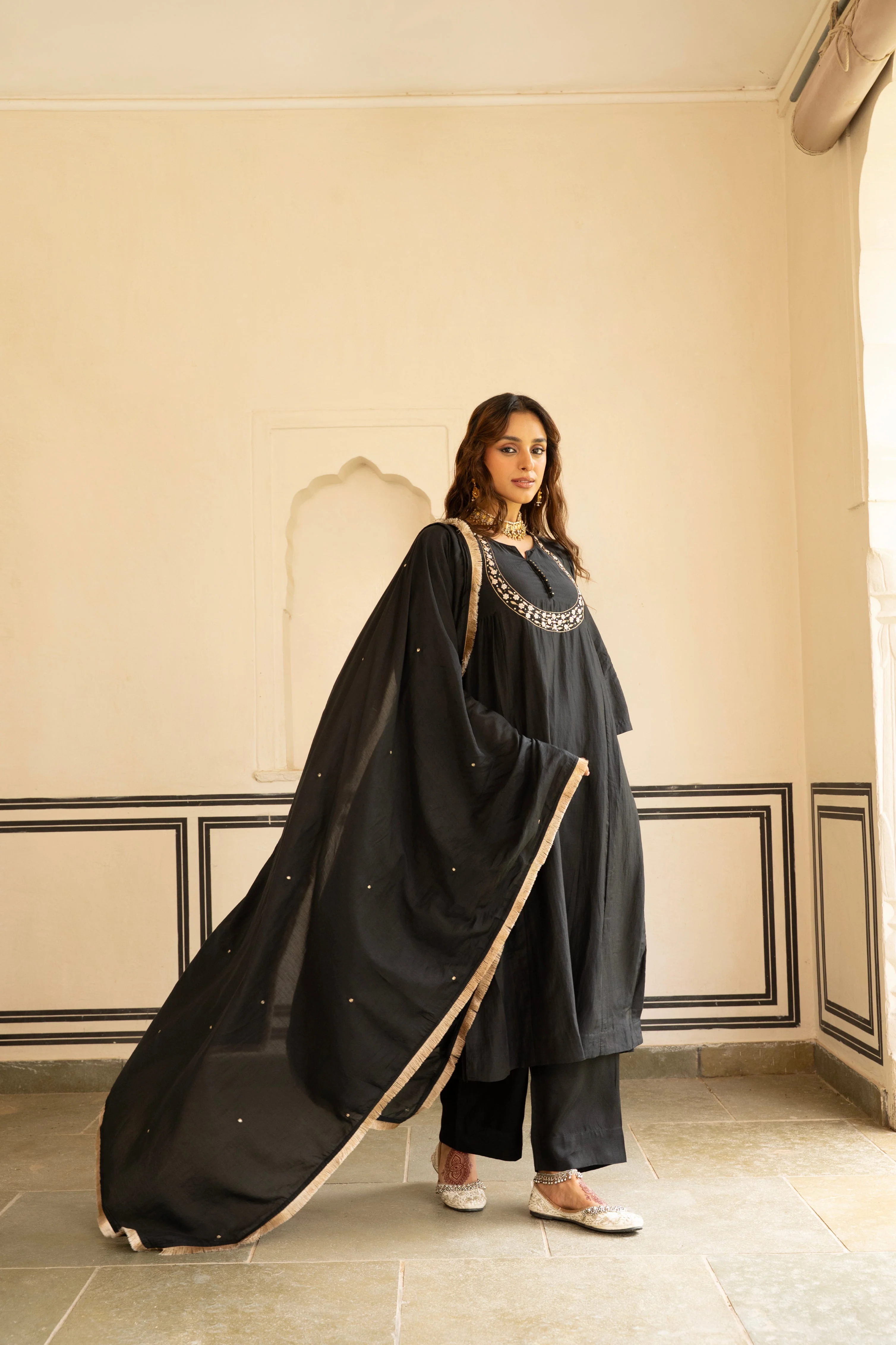 Coal Black Embellished Mul Chenderi Pant Set - Image 6