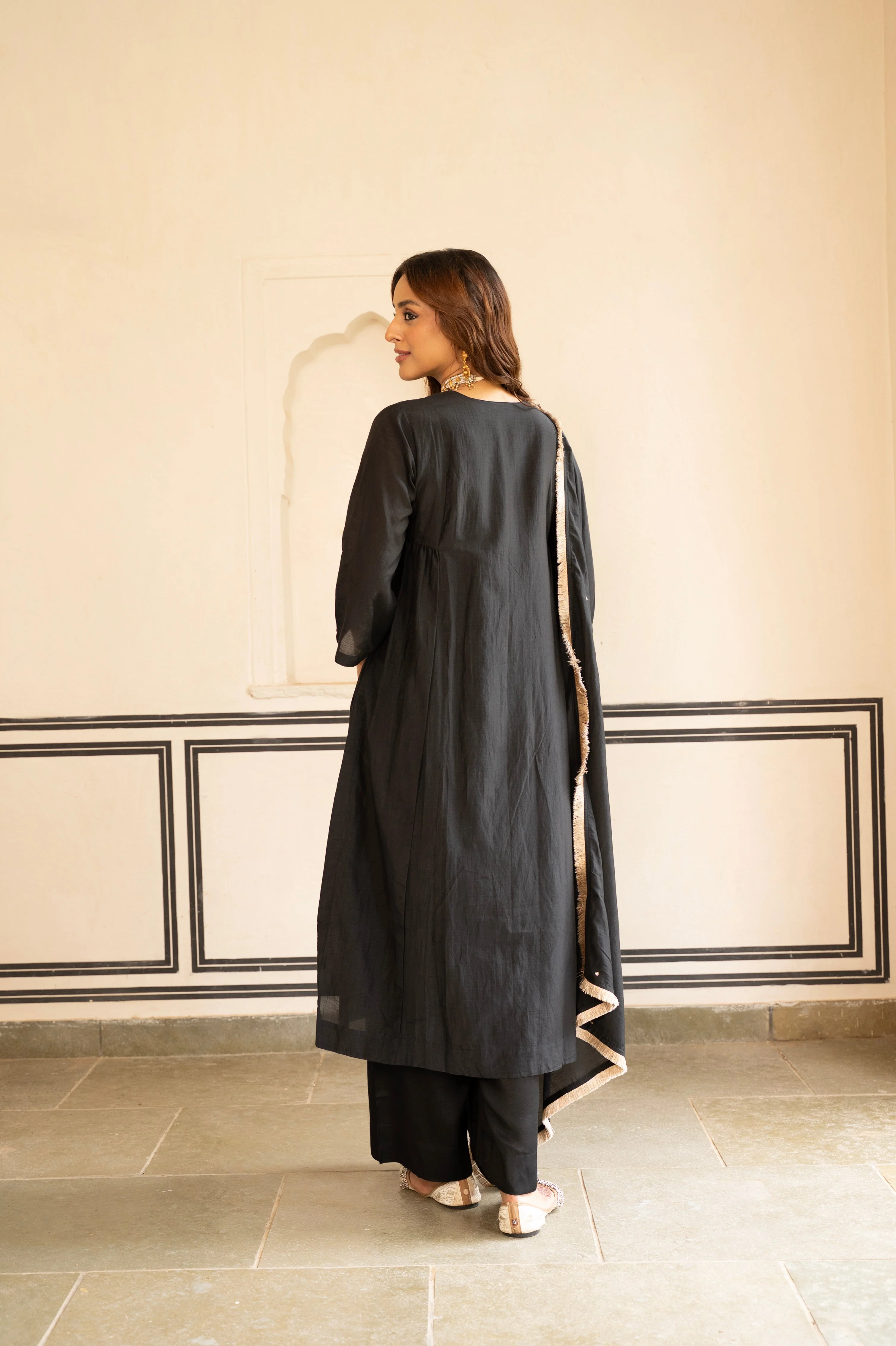 Coal Black Embellished Mul Chenderi Pant Set - Image 7