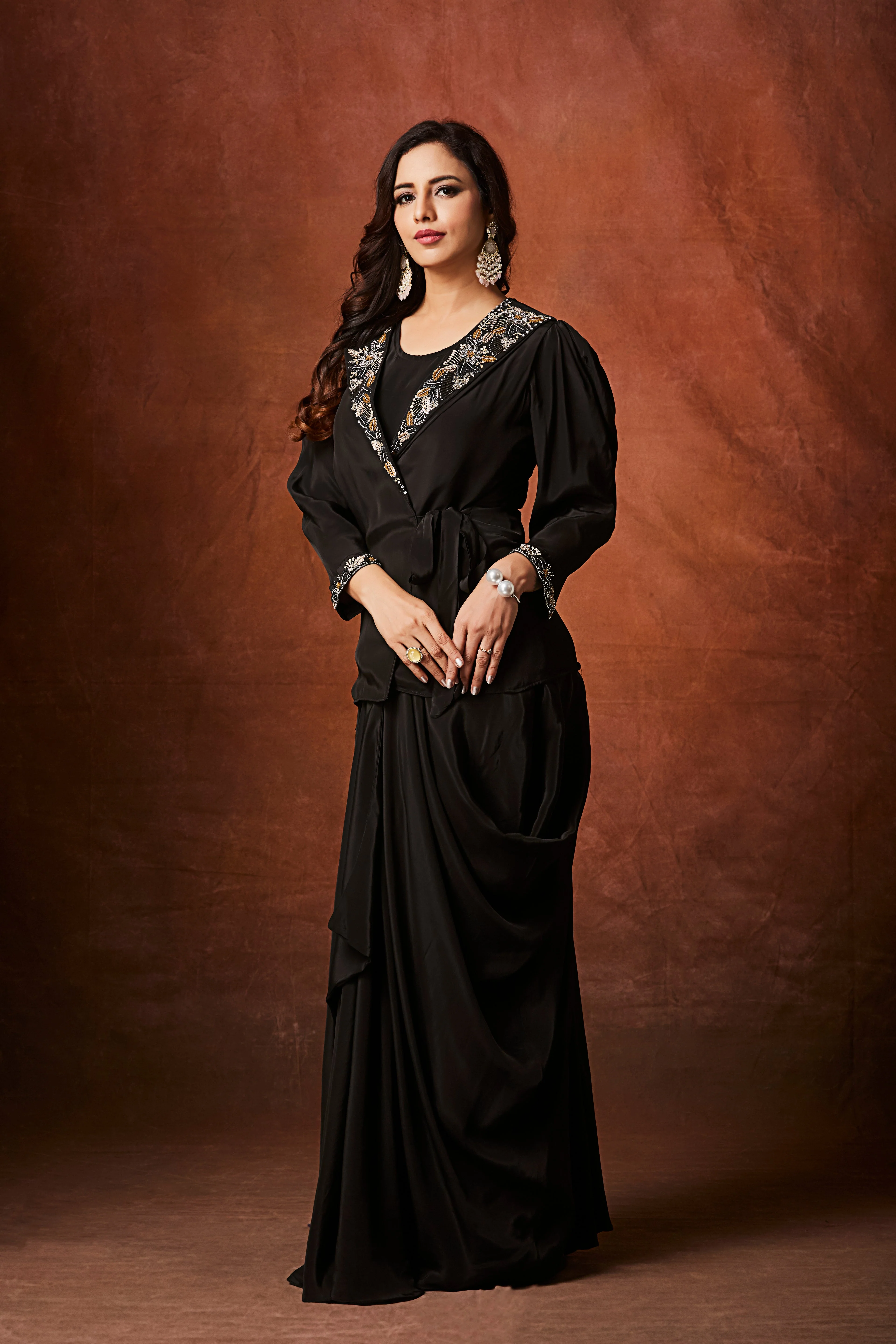 Coal Black Embellished Crepe Silk Skirt Set