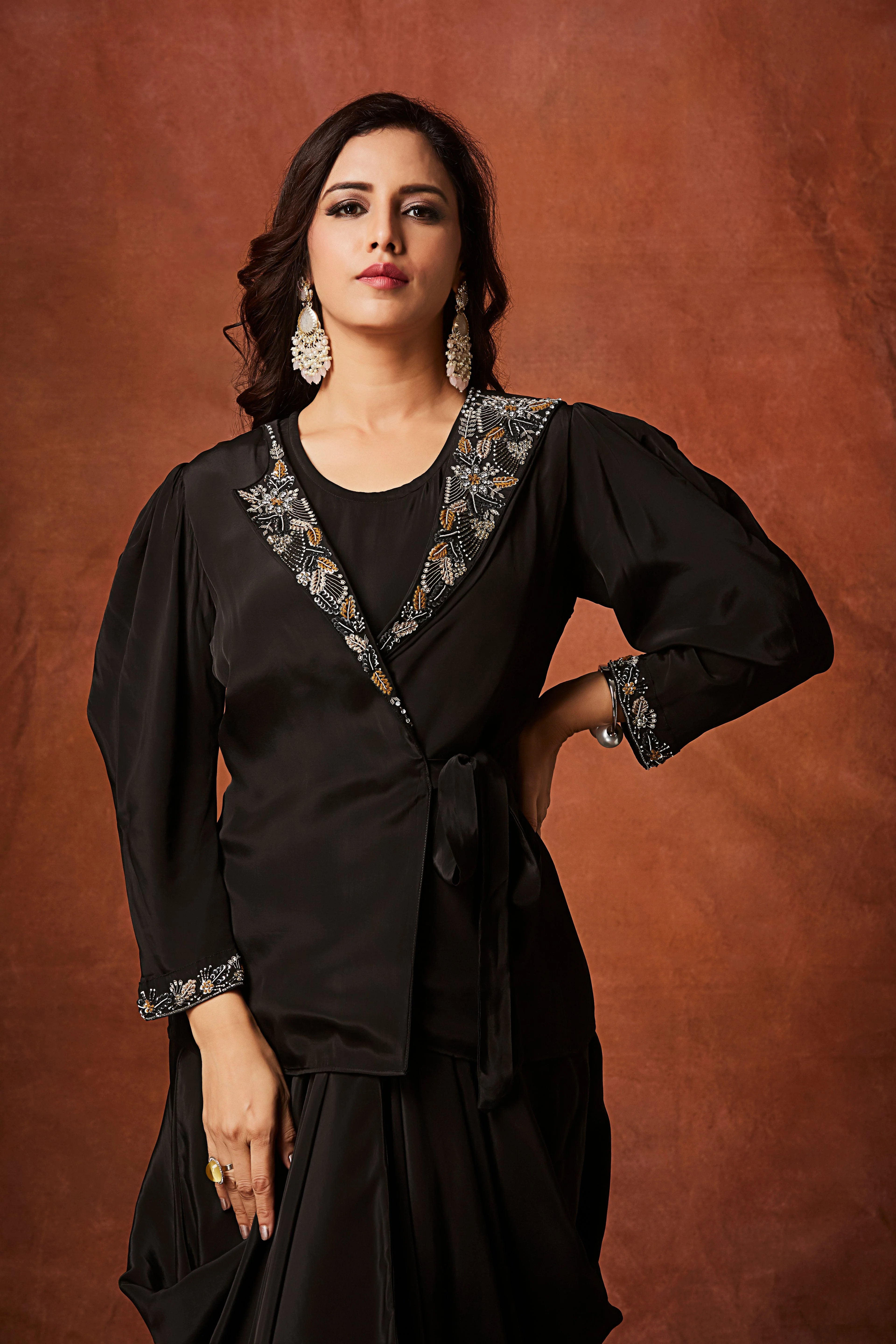 Coal Black Embellished Crepe Silk Skirt Set - Image 2