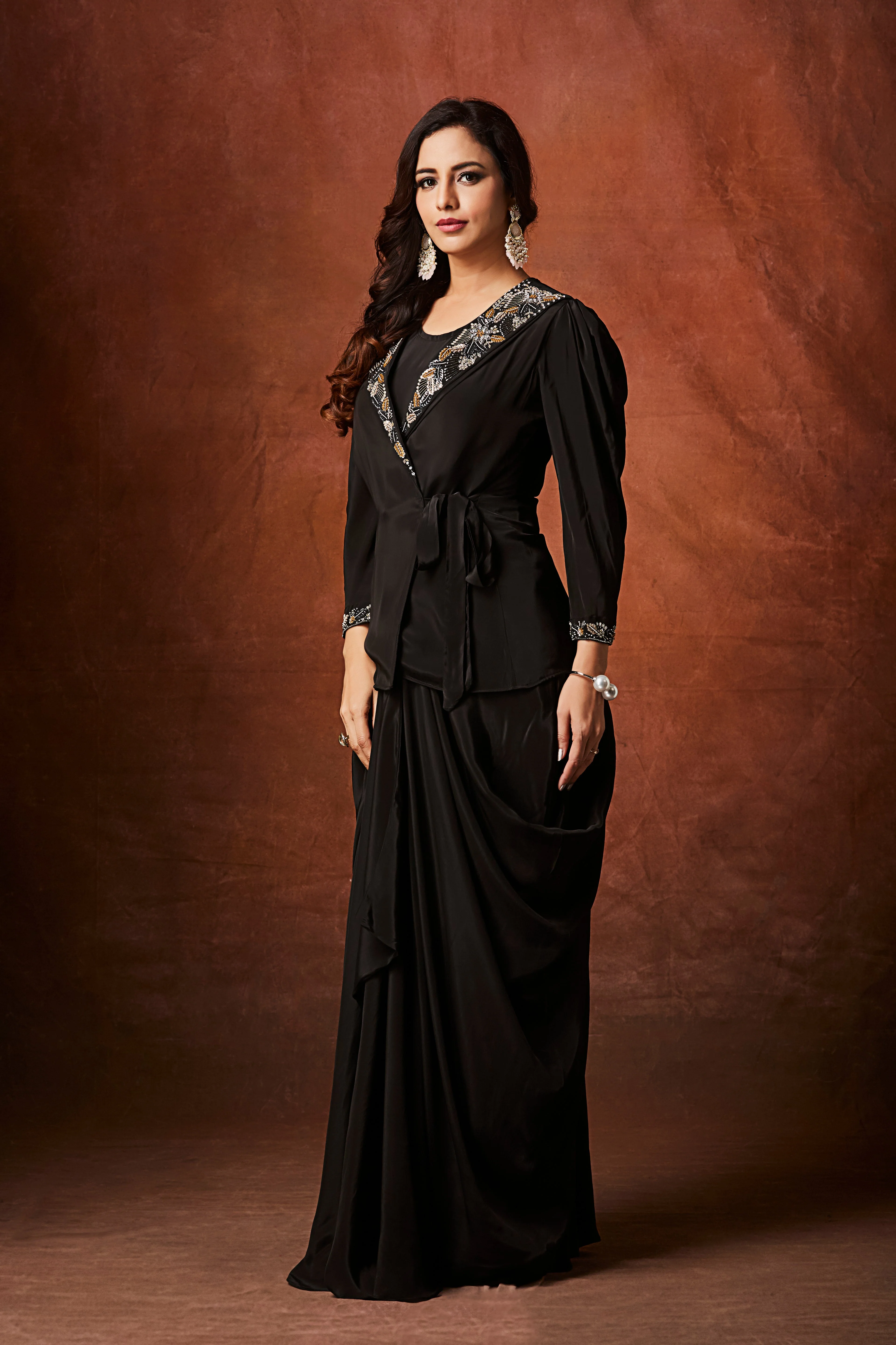 Coal Black Embellished Crepe Silk Skirt Set - Image 3