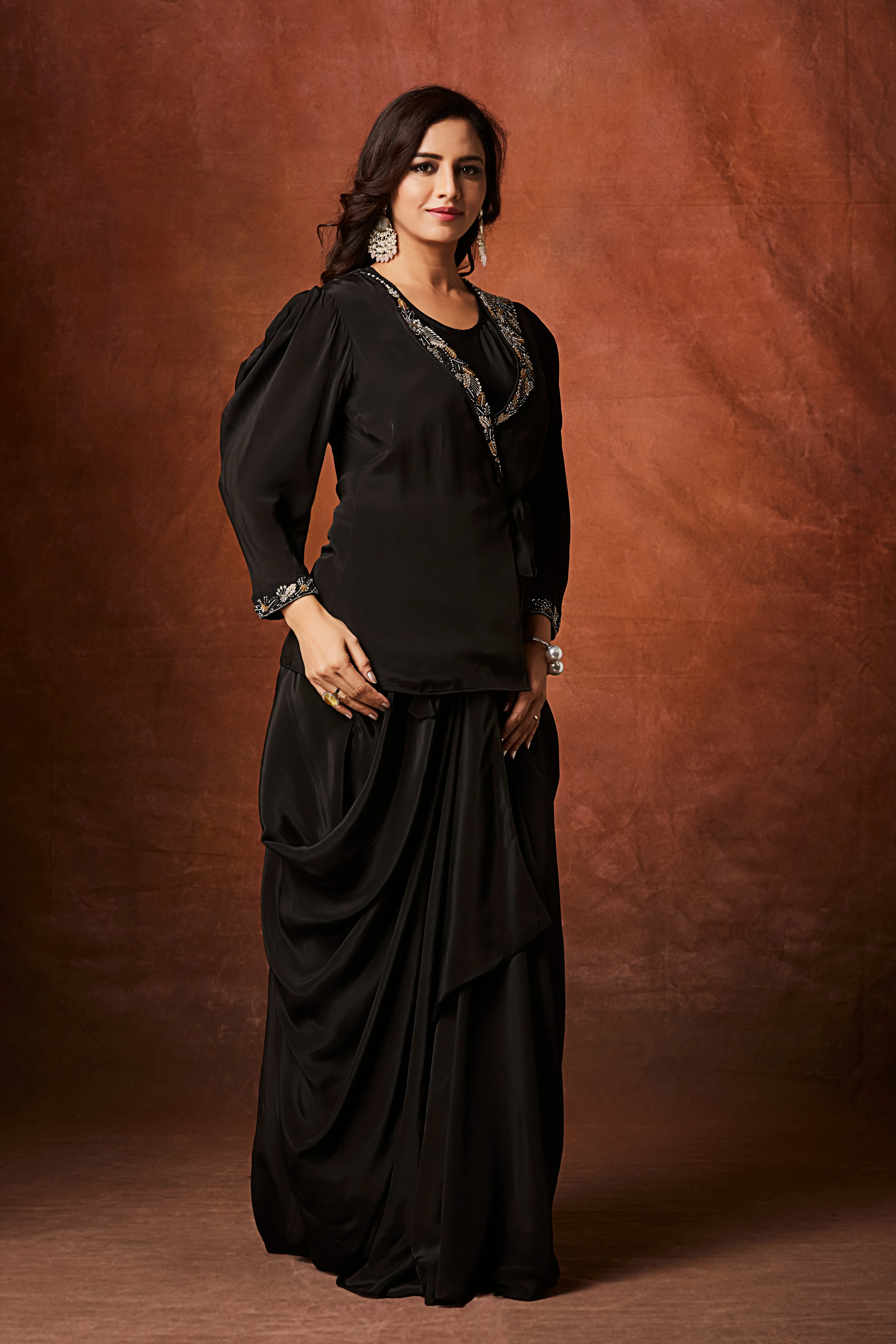 Coal Black Embellished Crepe Silk Skirt Set - Image 5