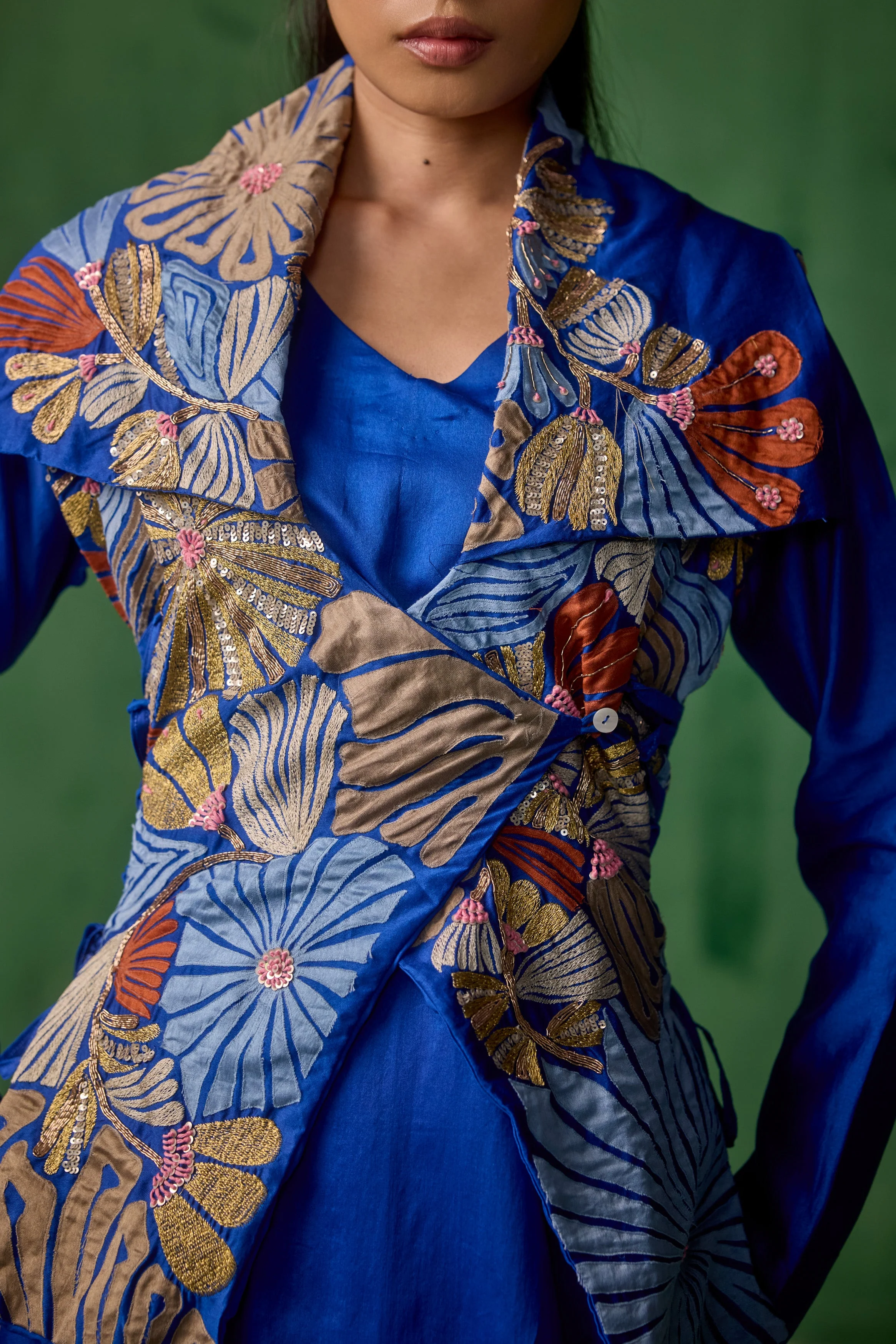 Cobalt Blue Embellished Raw Silk Tunic Set - Image 2