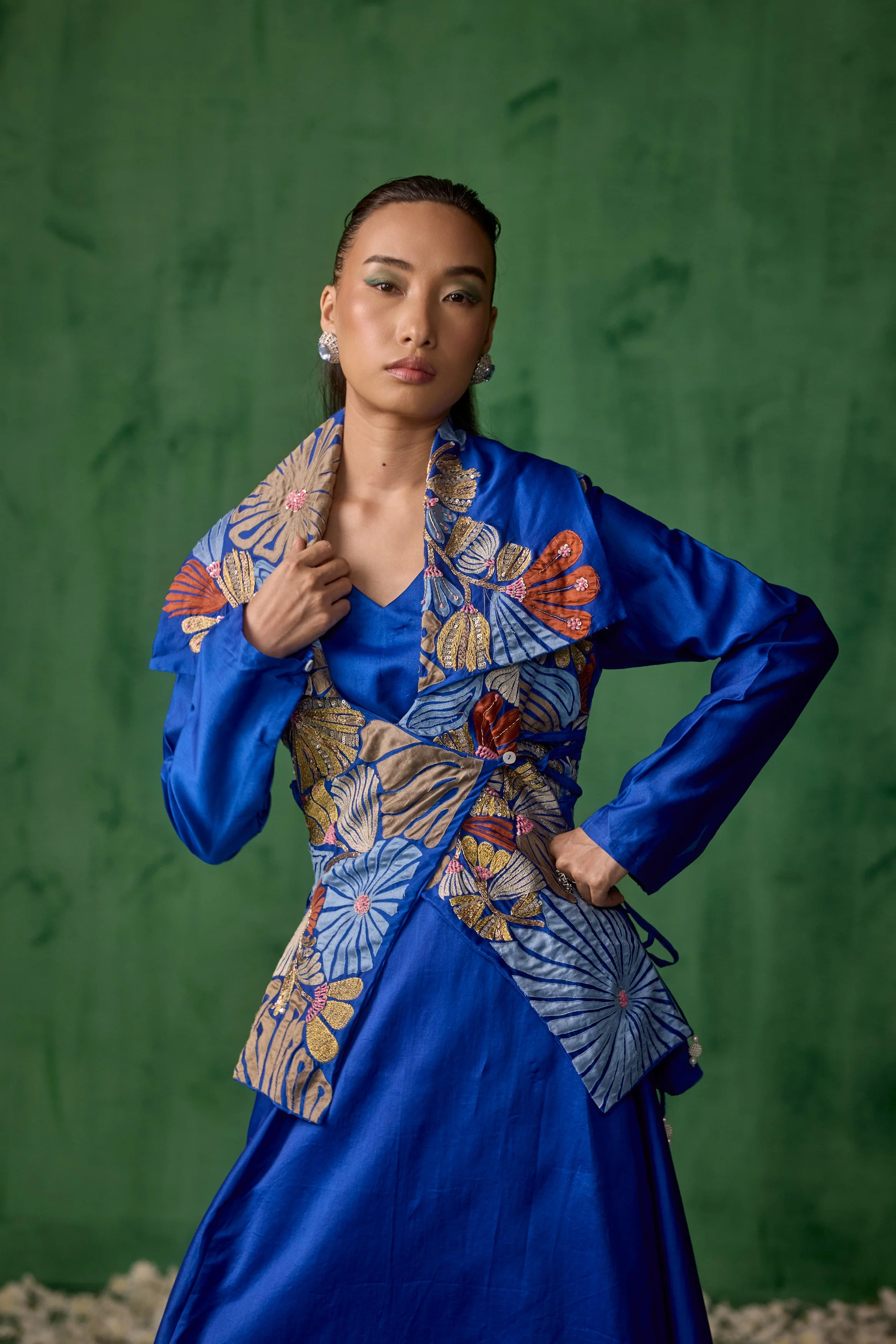 Cobalt Blue Embellished Raw Silk Tunic Set - Image 3
