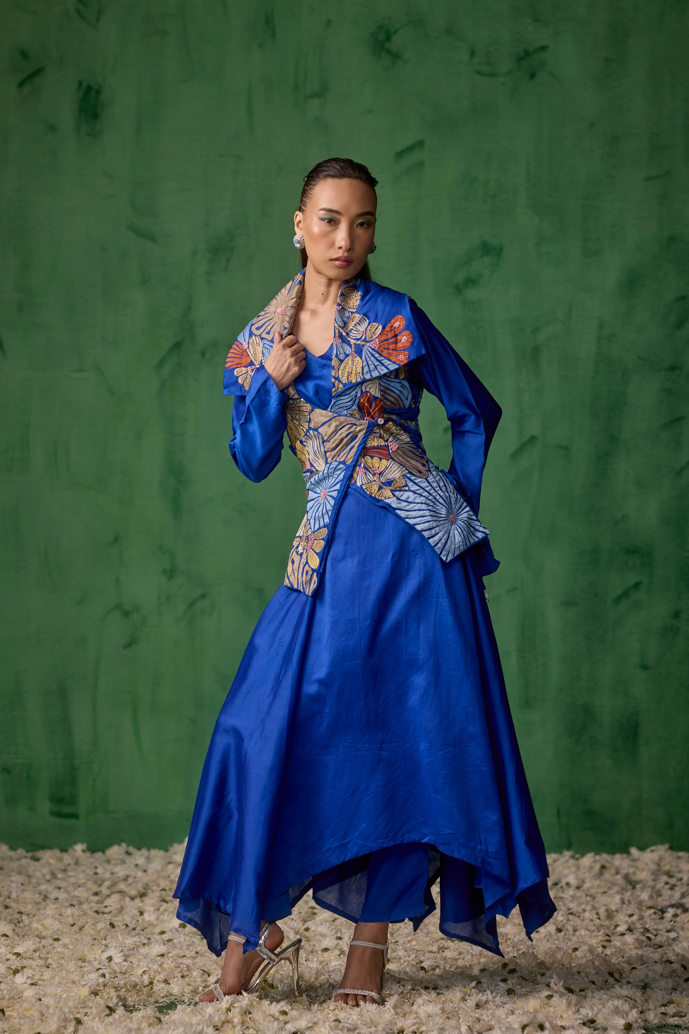 Cobalt Blue Embellished Raw Silk Tunic Set - Image 4