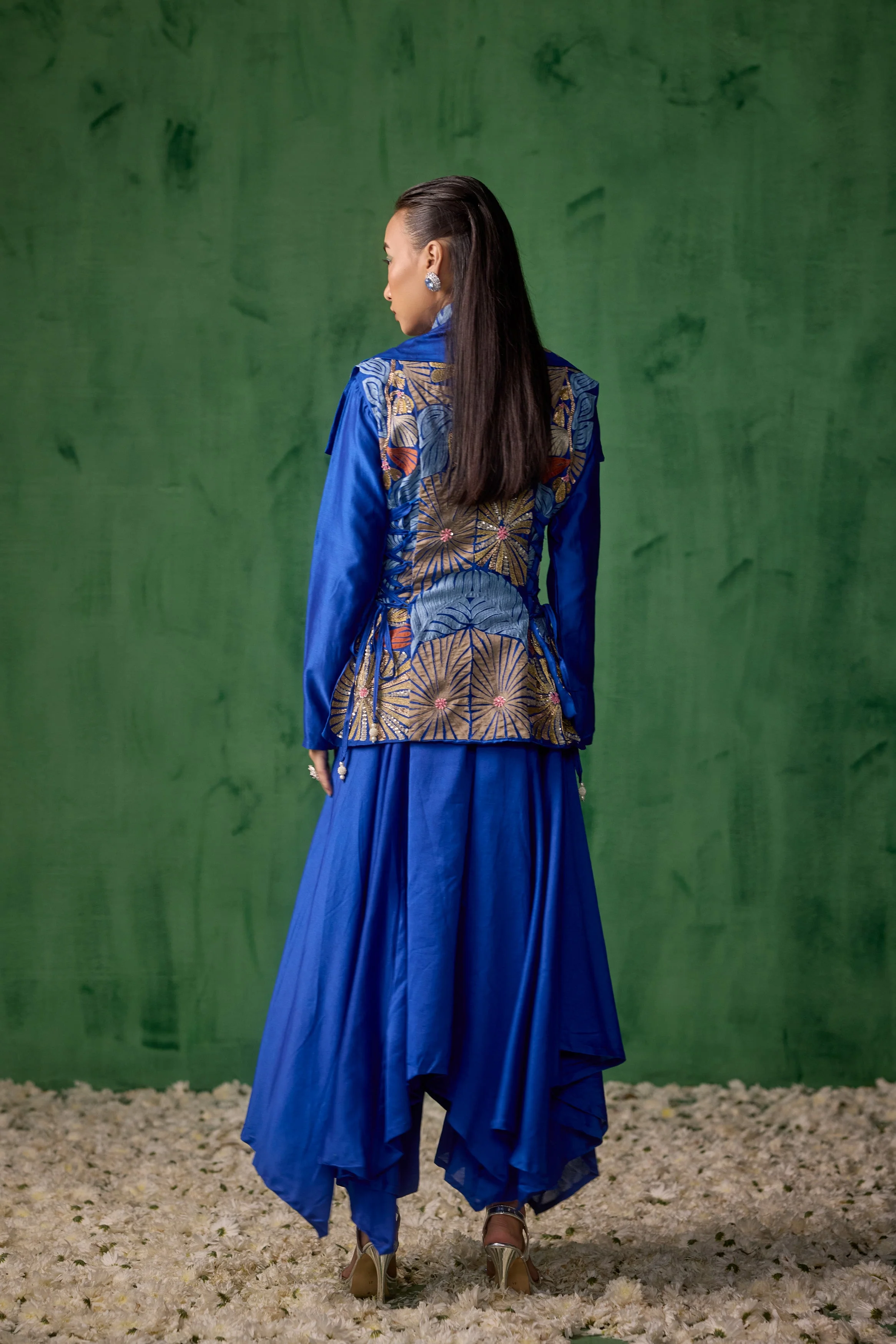 Cobalt Blue Embellished Raw Silk Tunic Set - Image 5