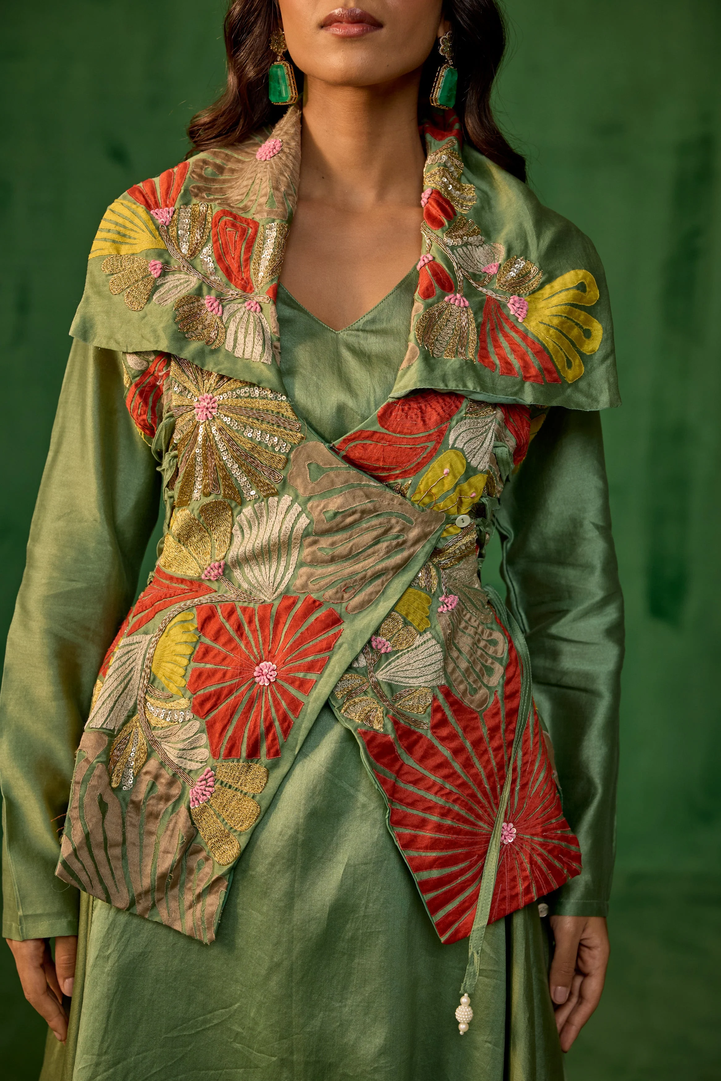 Pistachio Green Embellished Raw Silk Tunic Set - Image 2