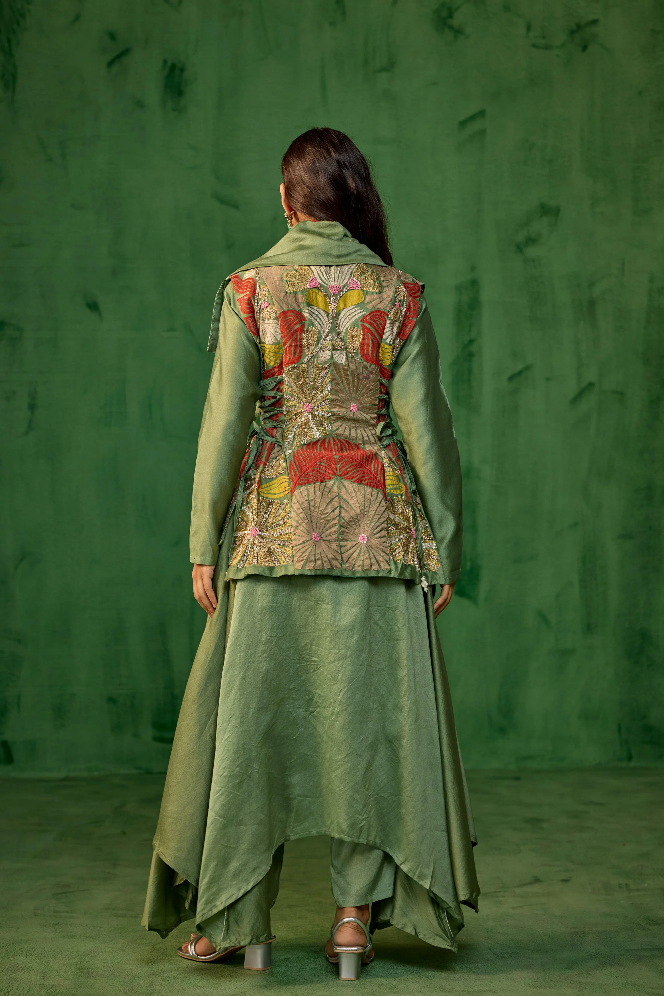 Pistachio Green Embellished Raw Silk Tunic Set - Image 5