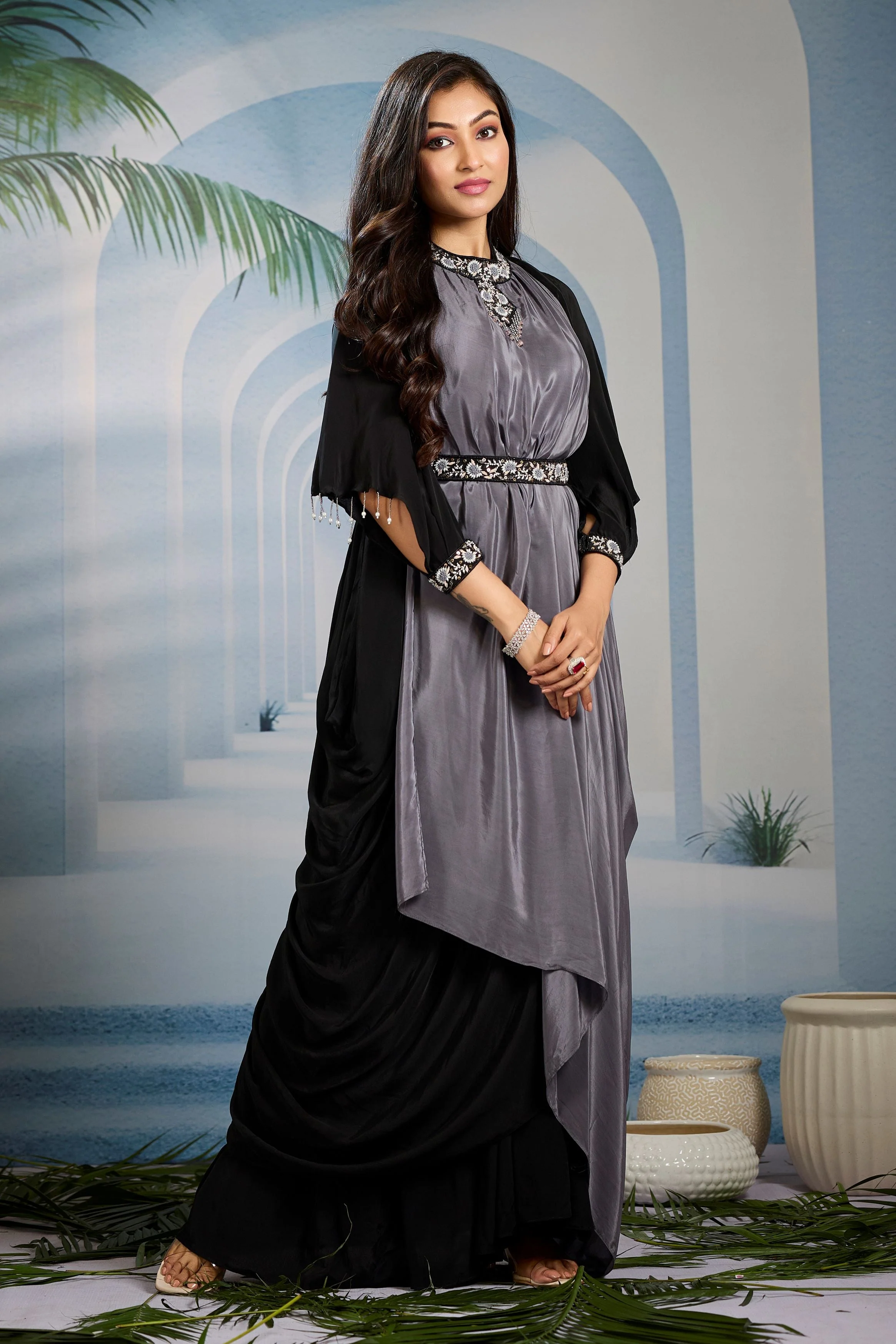 Cocktail Black Embellished Chinon Silk Gown - Image 3