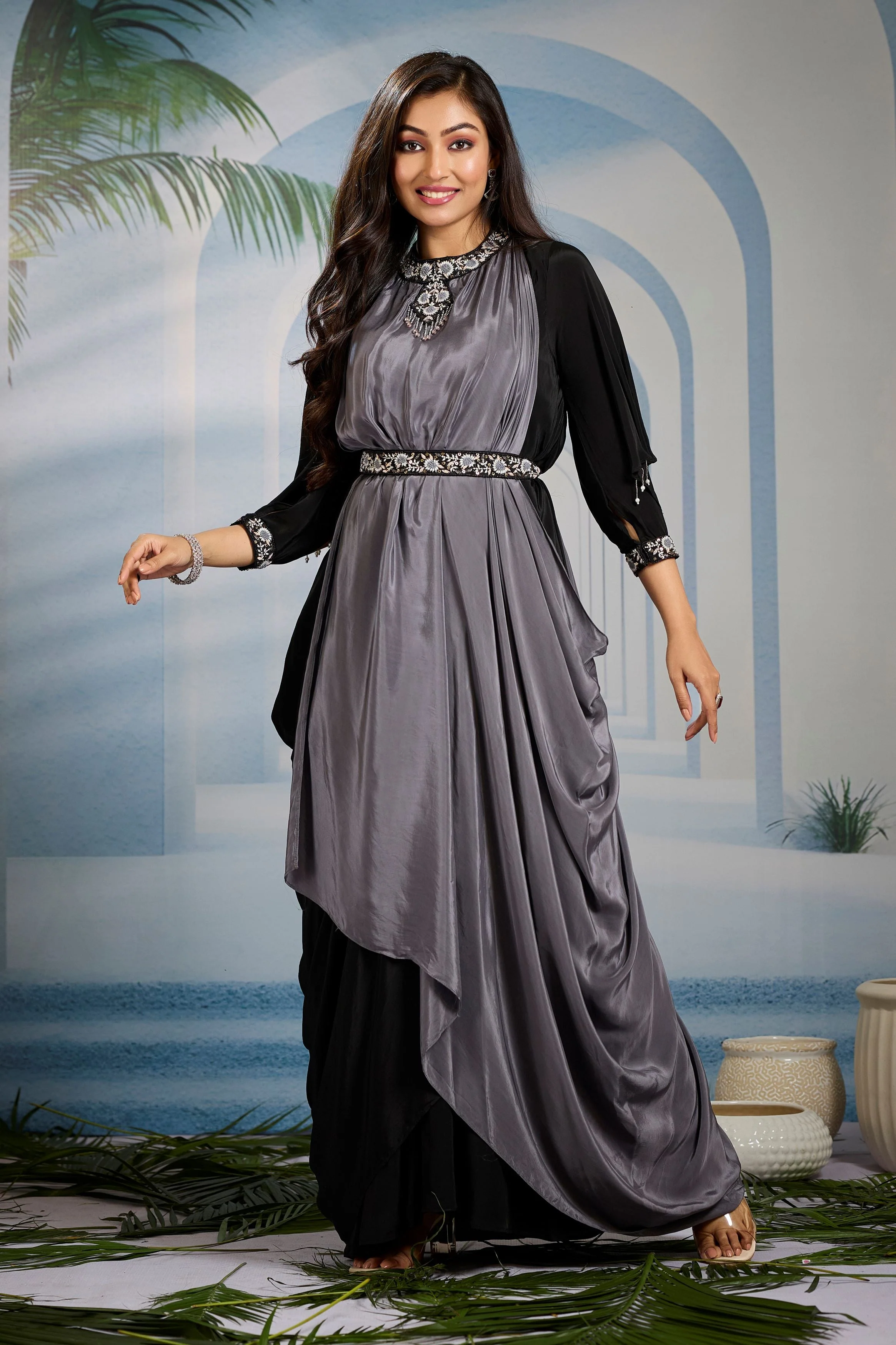 Cocktail Black Embellished Chinon Silk Gown - Image 4