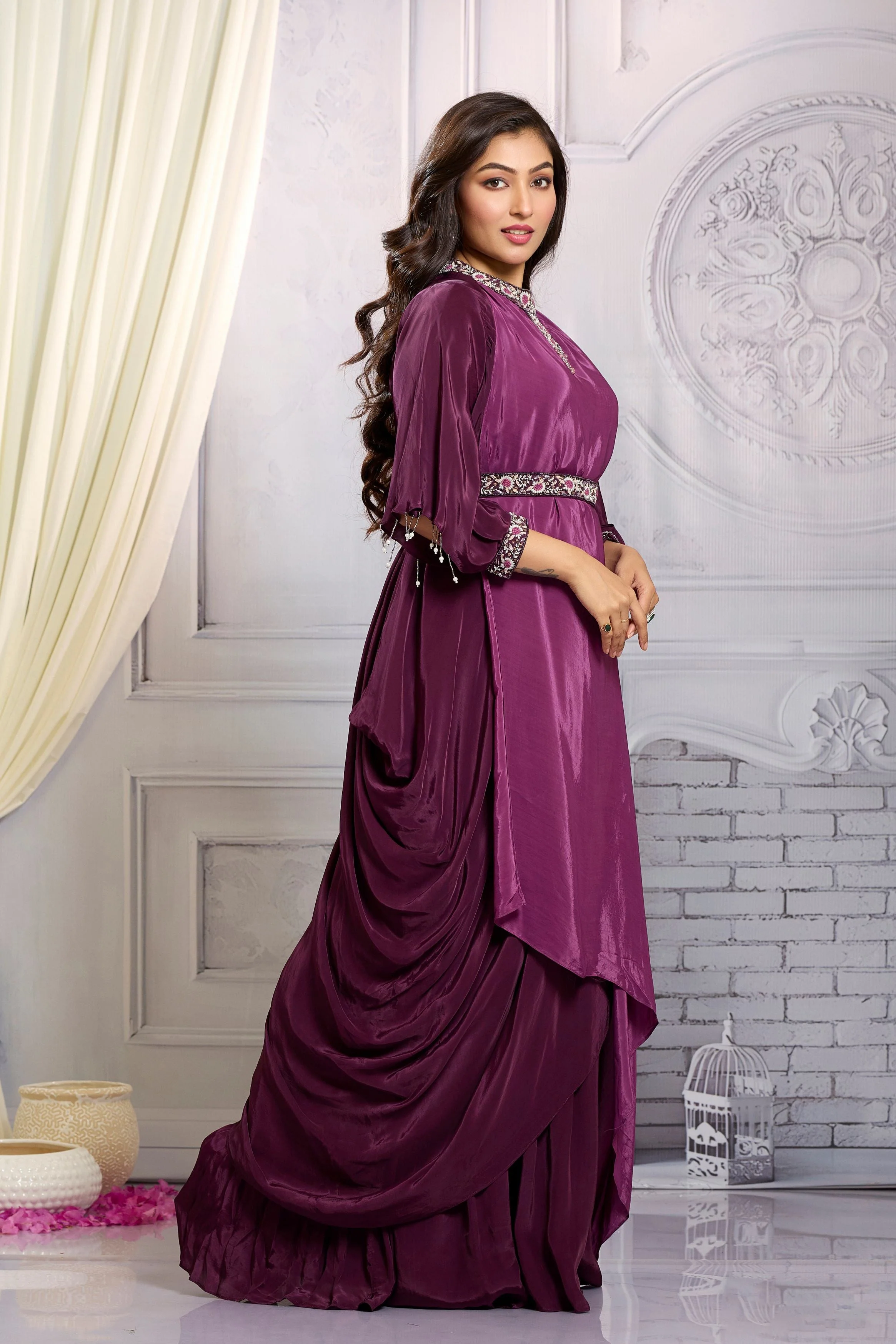 Bright Purple Embellished Chinon Silk Gown - Image 3