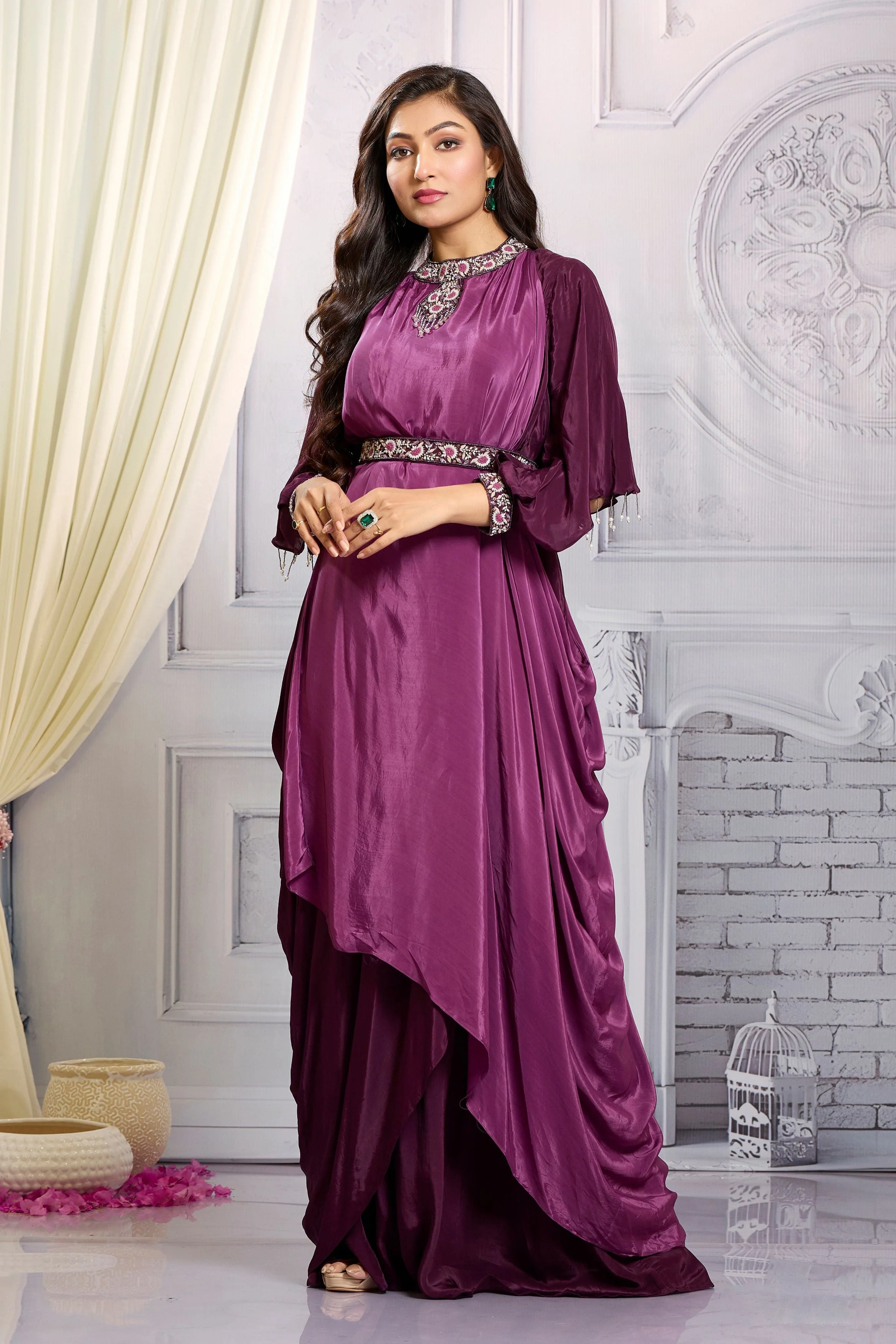 Bright Purple Embellished Chinon Silk Gown - Image 4