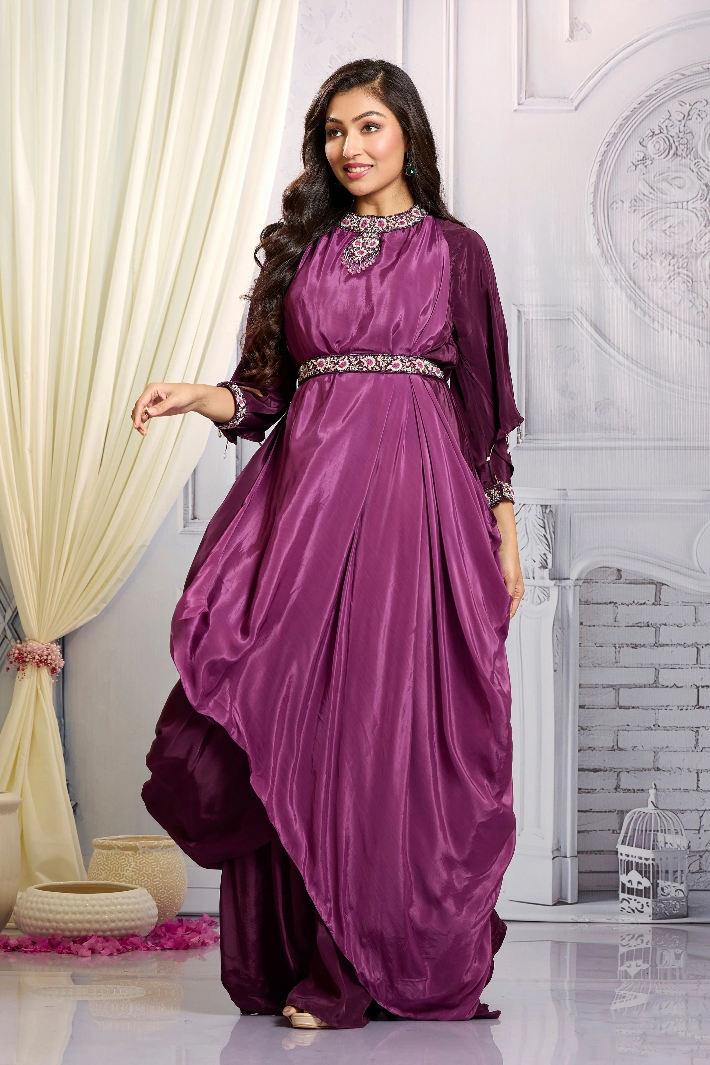 Bright Purple Embellished Chinon Silk Gown - Image 5