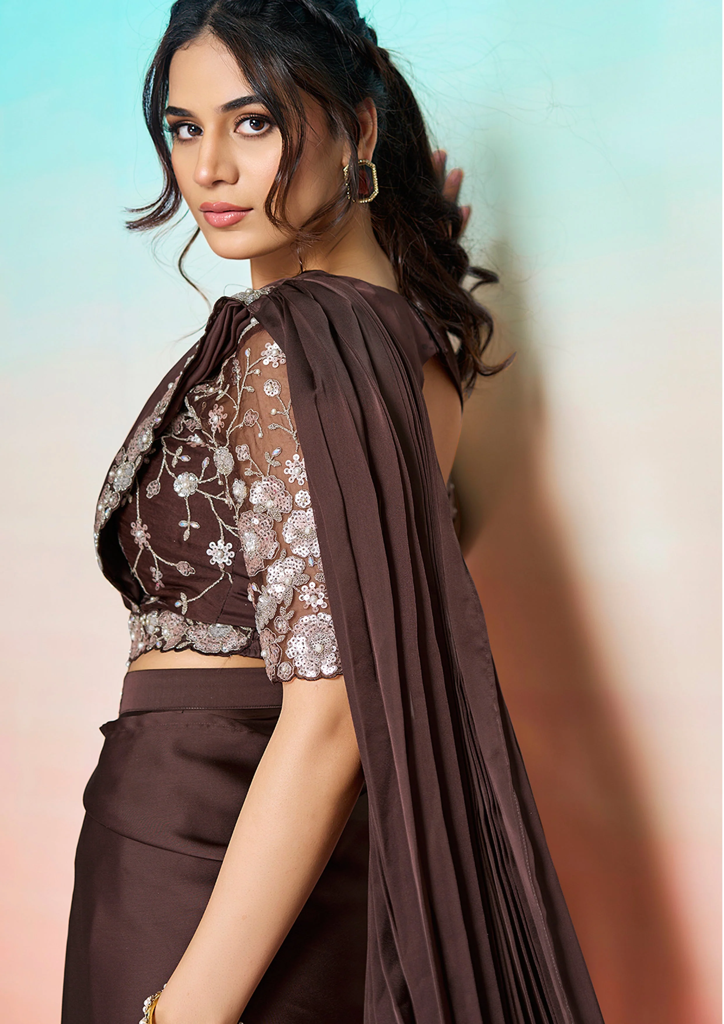Cocoa Brown Embellished Satin Silk Saree - Image 2