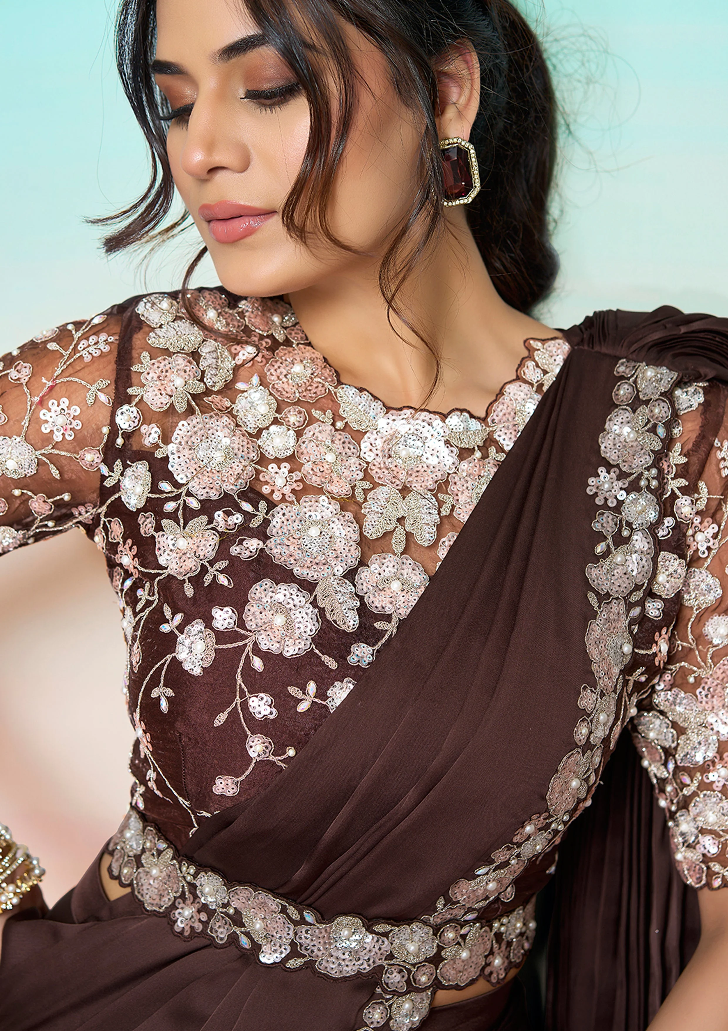 Cocoa Brown Embellished Satin Silk Saree - Image 3