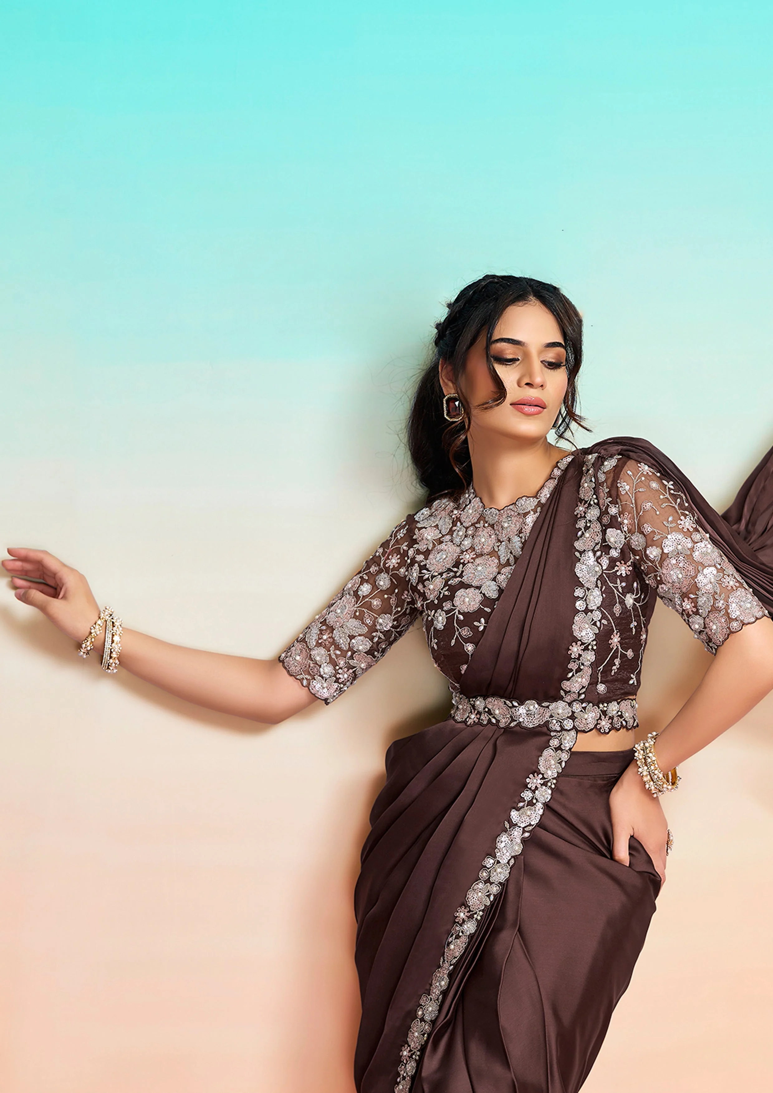 Cocoa Brown Embellished Satin Silk Saree - Image 4