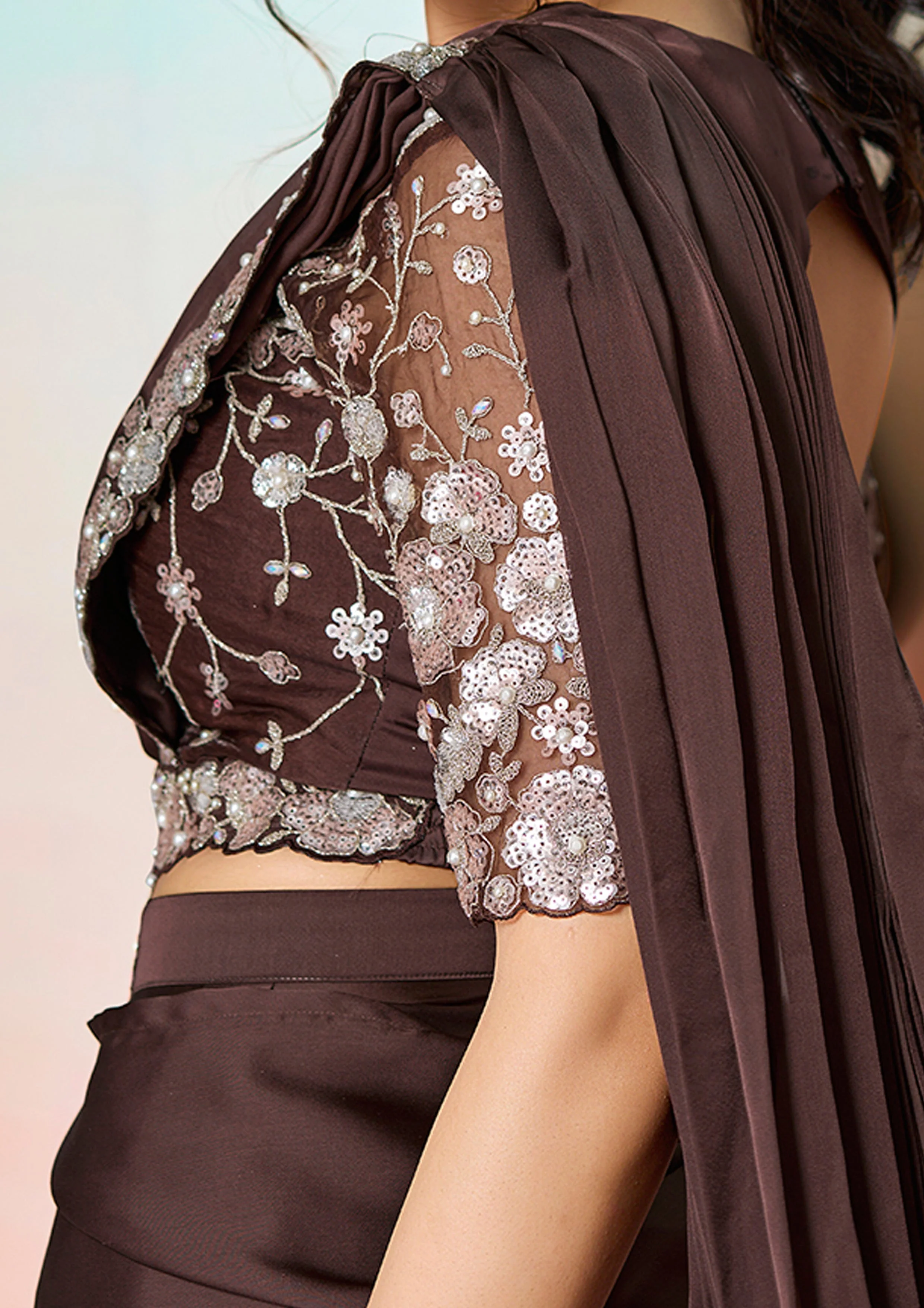 Cocoa Brown Embellished Satin Silk Saree - Image 5