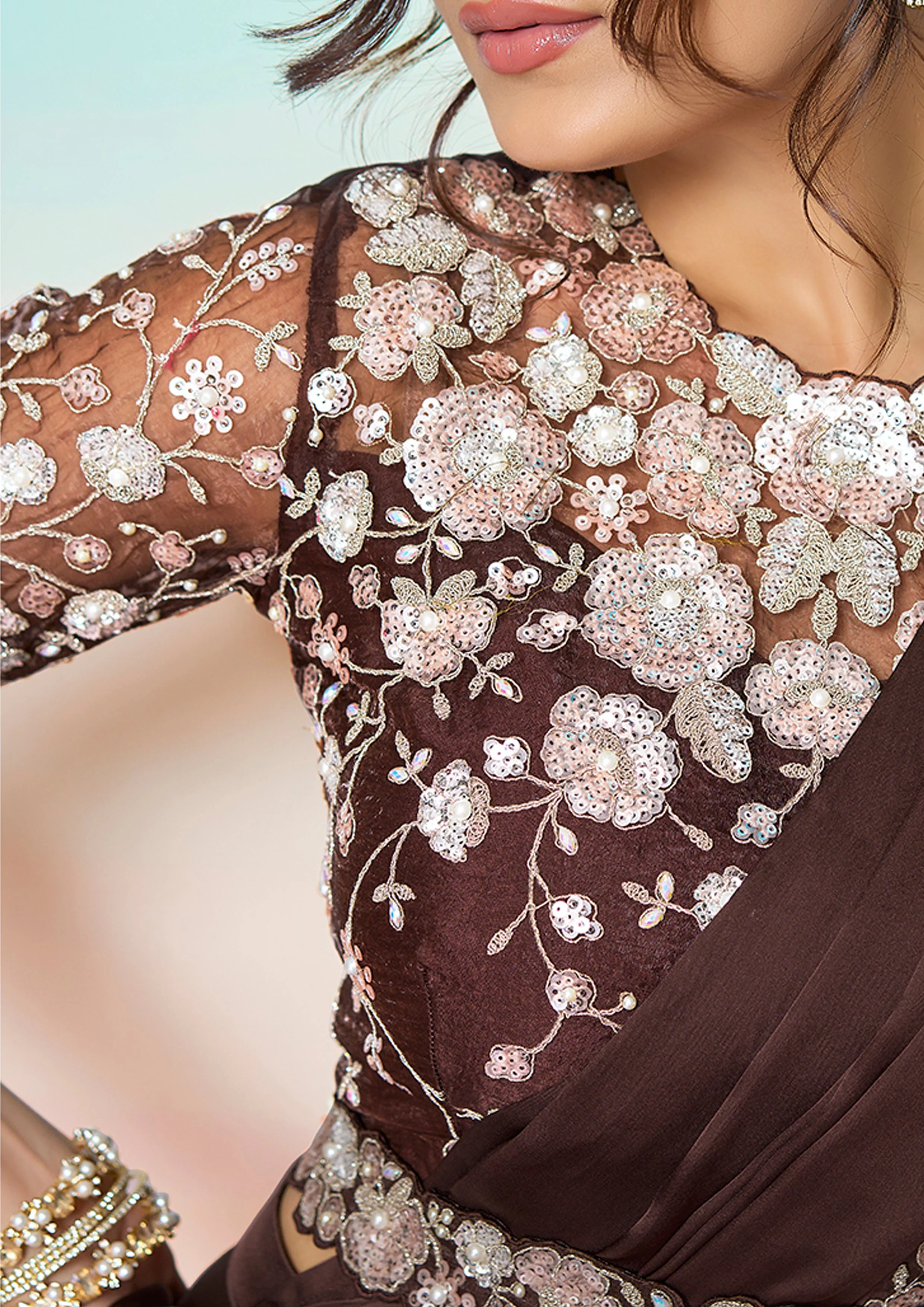 Cocoa Brown Embellished Satin Silk Saree - Image 6
