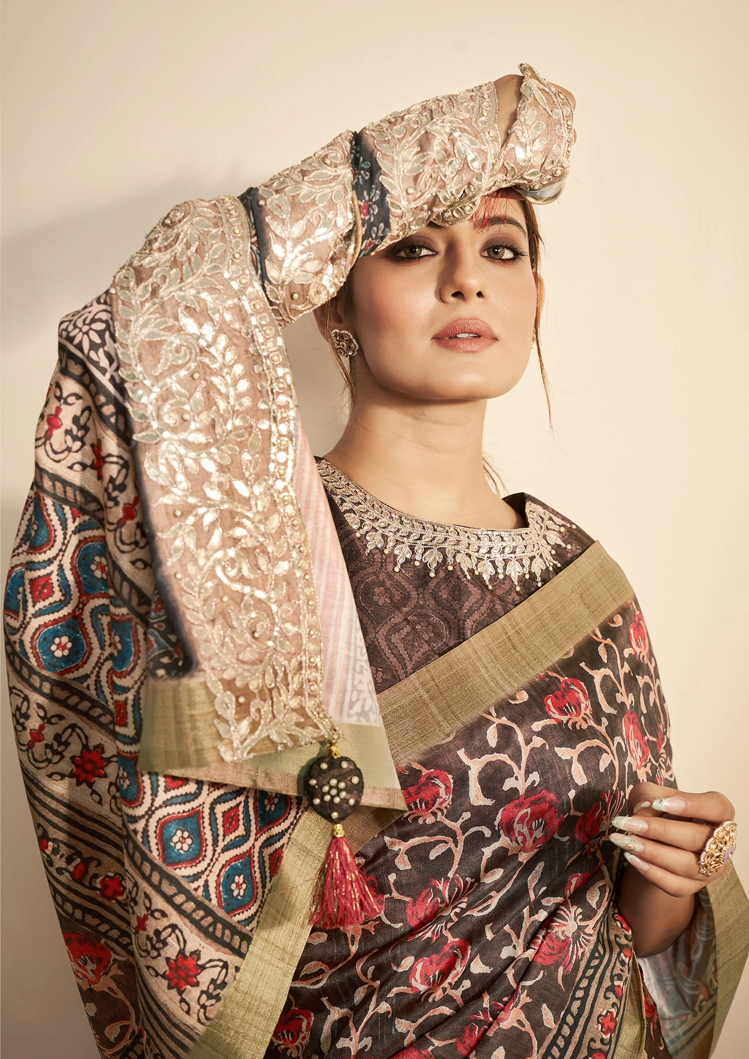 Coffee Brown Printed Tussar Silk Saree - Image 2
