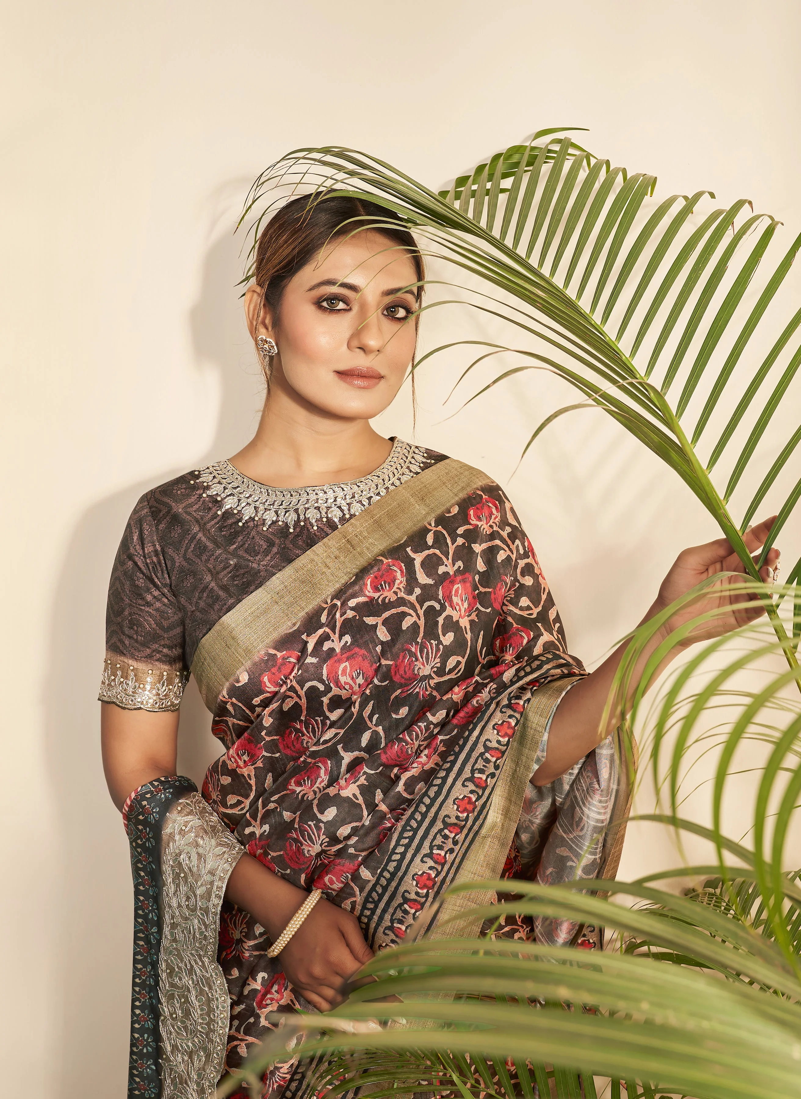 Coffee Brown Printed Tussar Silk Saree - Image 3