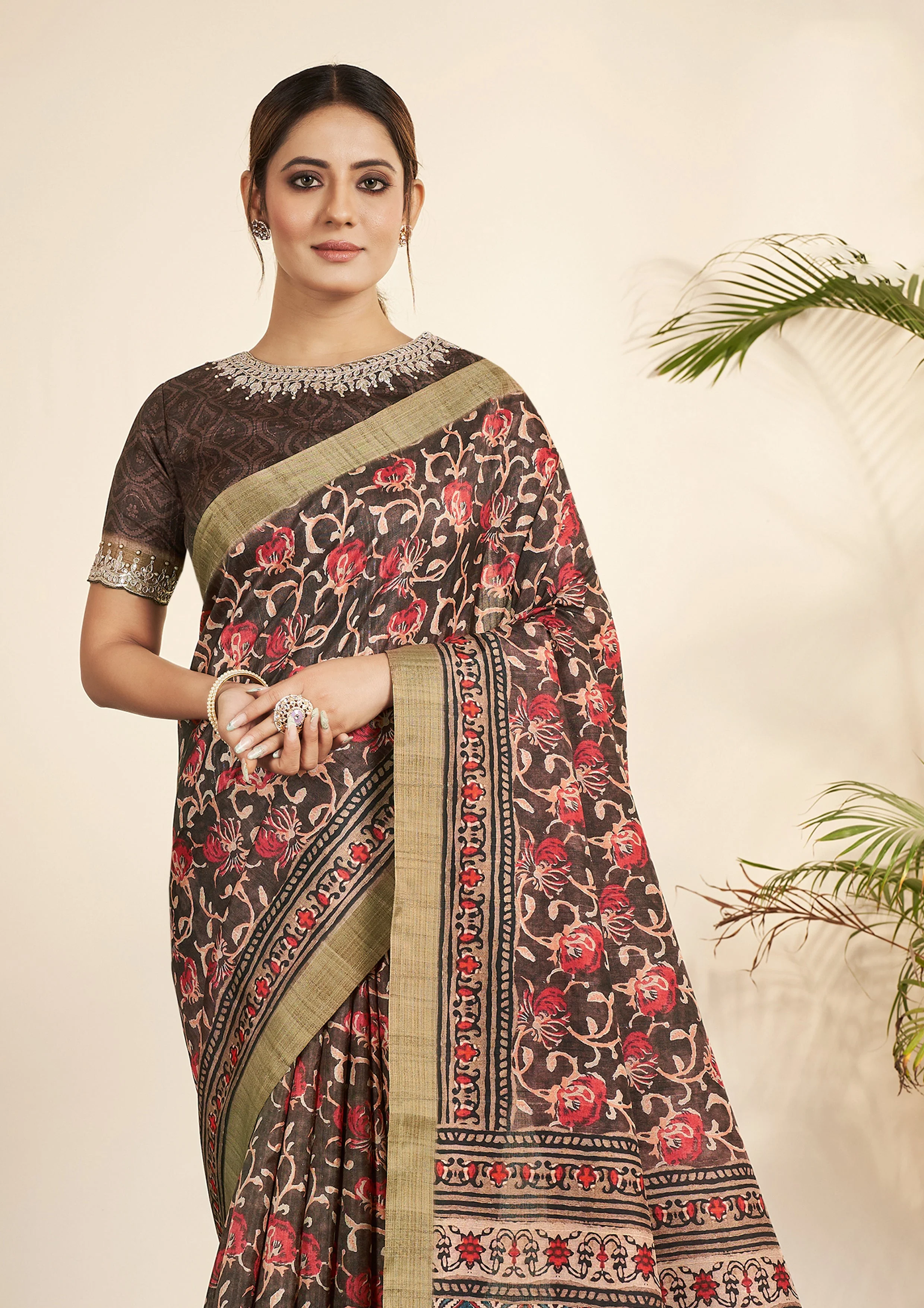 Coffee Brown Printed Tussar Silk Saree - Image 4