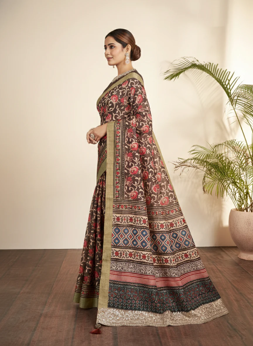 Coffee Brown Printed Tussar Silk Saree - Image 6
