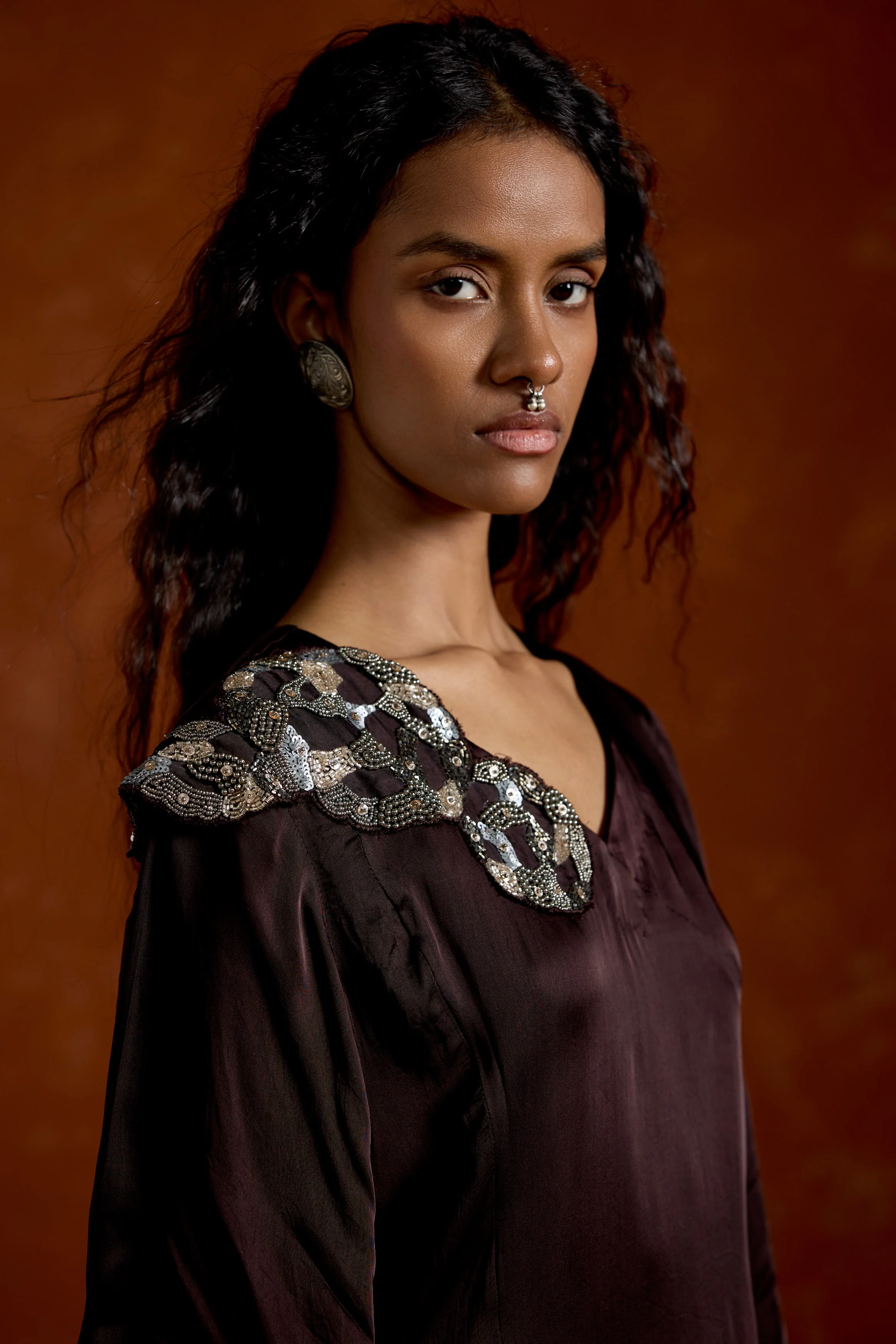 Coffee Brown Embellished Satin Silk Dress - Image 3