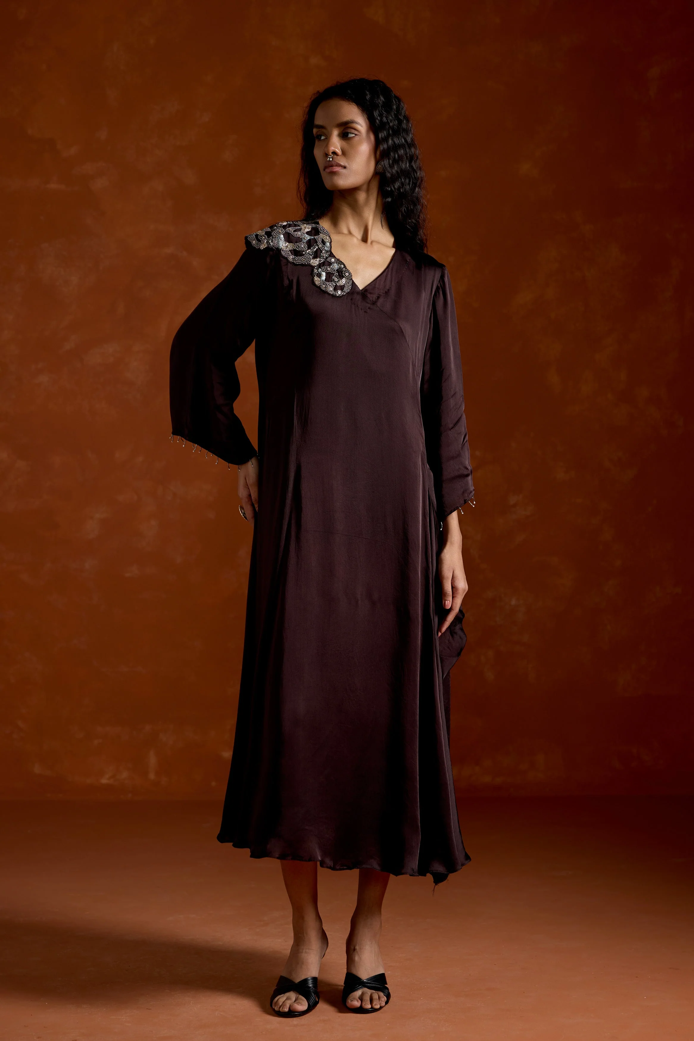 Coffee Brown Embellished Satin Silk Dress - Image 4