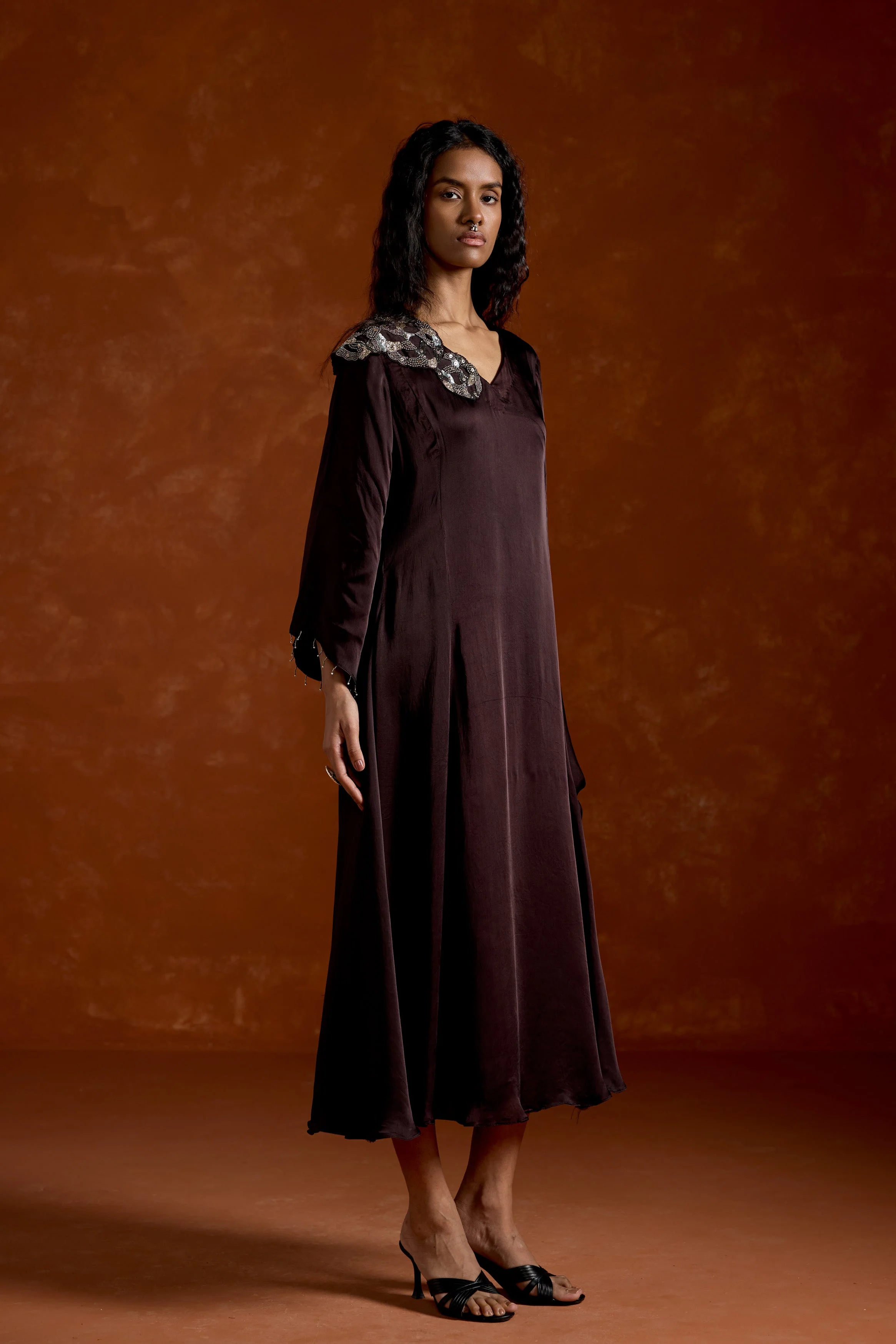 Coffee Brown Embellished Satin Silk Dress - Image 5