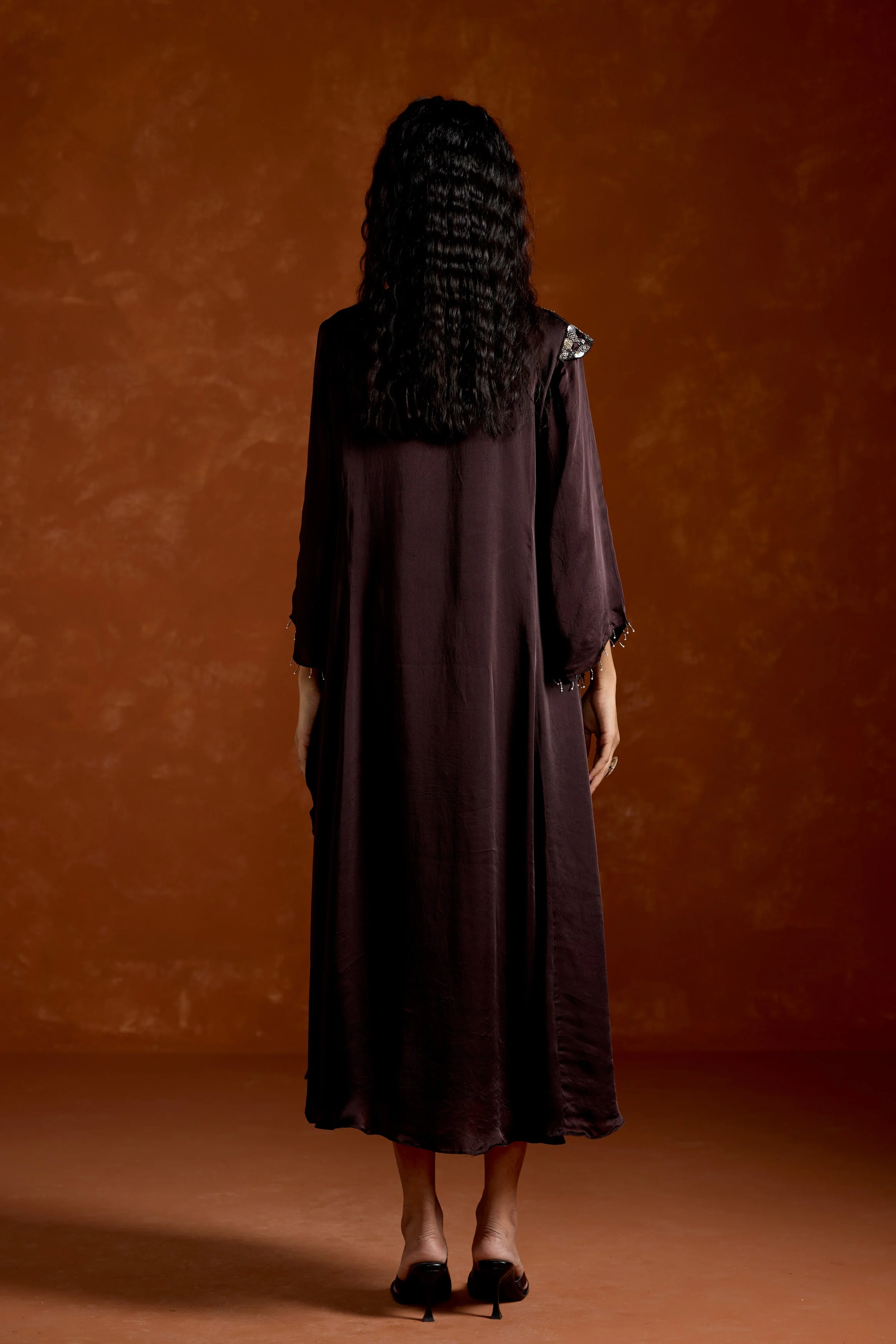Coffee Brown Embellished Satin Silk Dress - Image 6