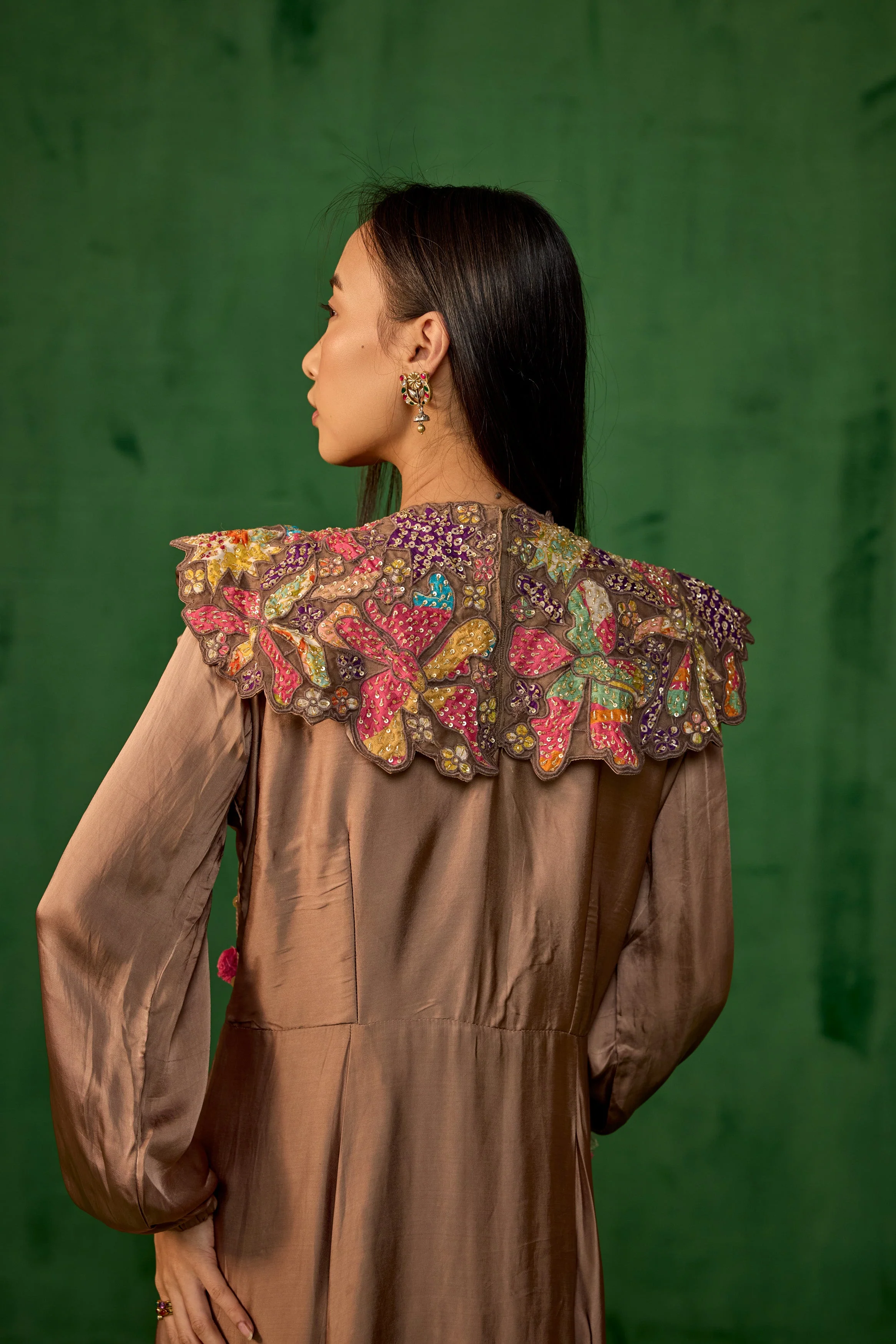 Copper Brown Embellished Satin Silk Gown - Image 3