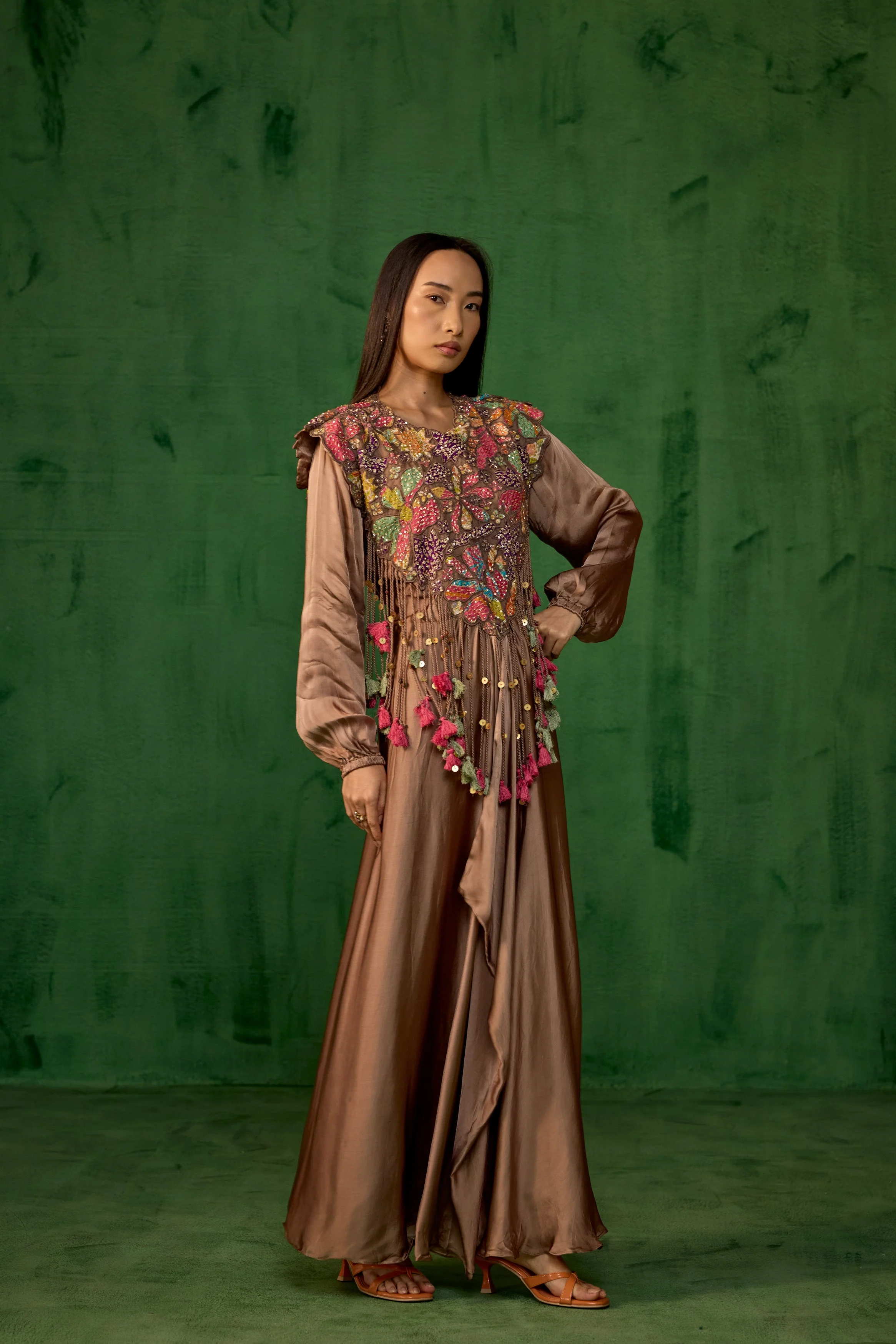Copper Brown Embellished Satin Silk Gown - Image 4