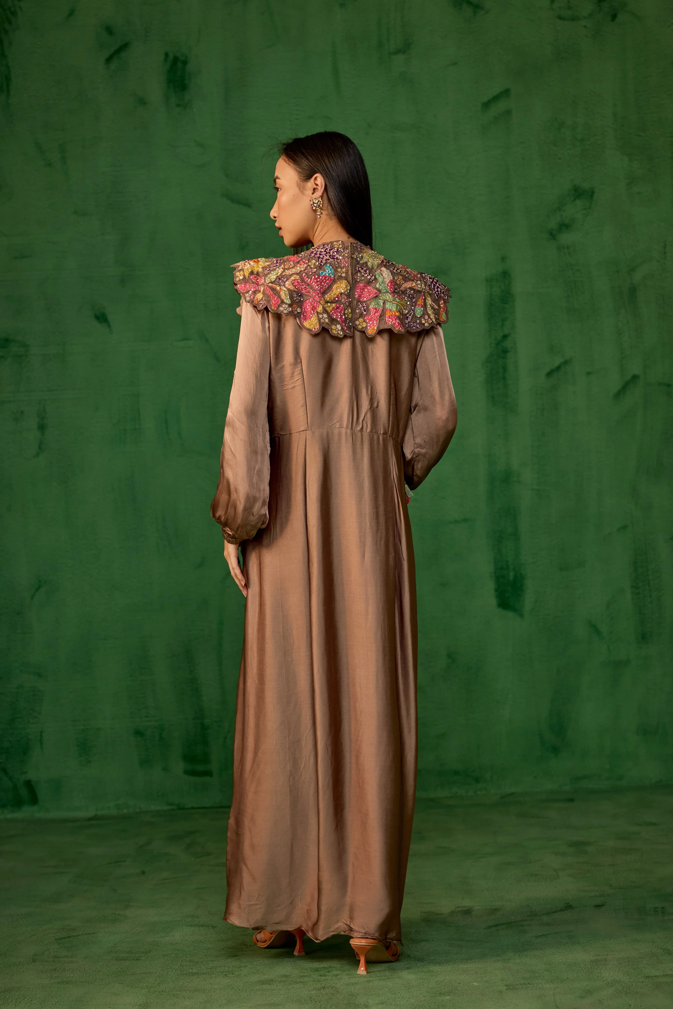Copper Brown Embellished Satin Silk Gown - Image 5