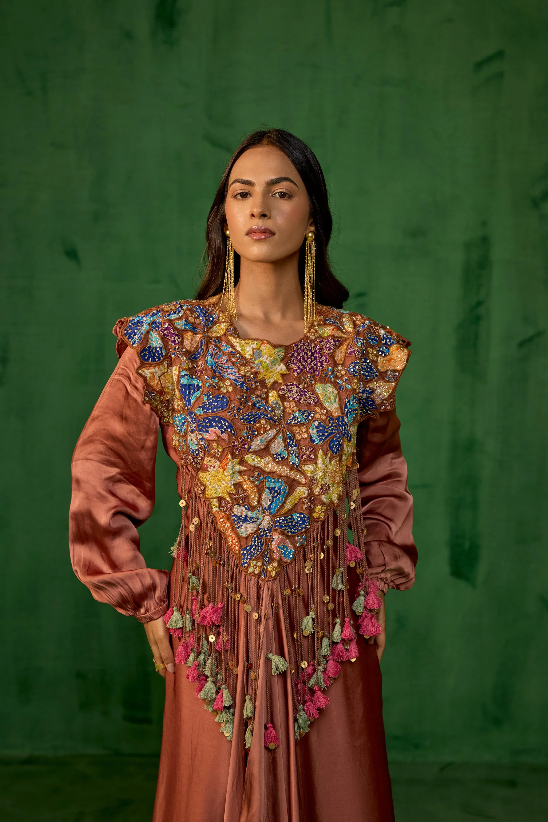 Rust Brown Embellished Satin Silk Gown - Image 3