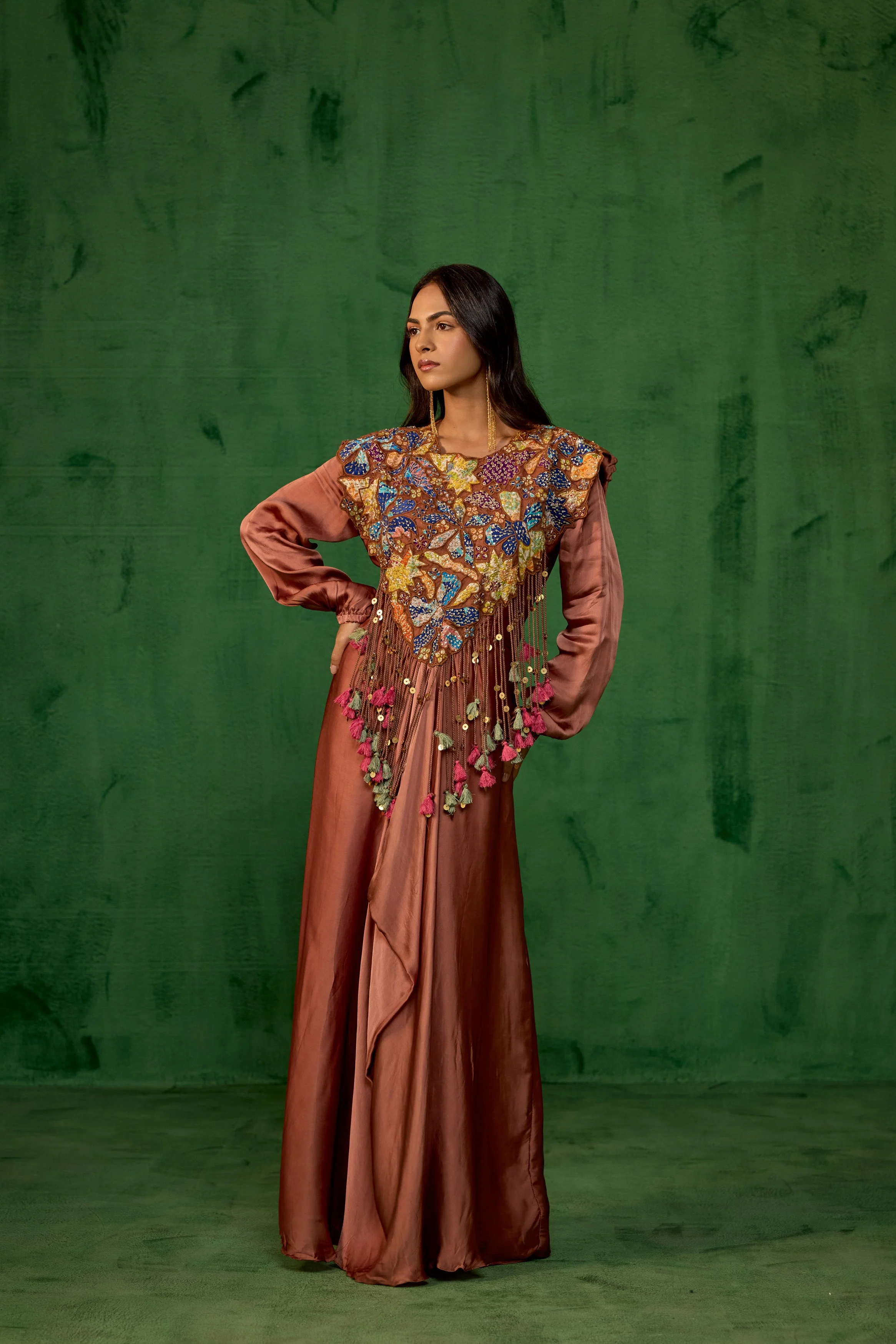 Rust Brown Embellished Satin Silk Gown - Image 4