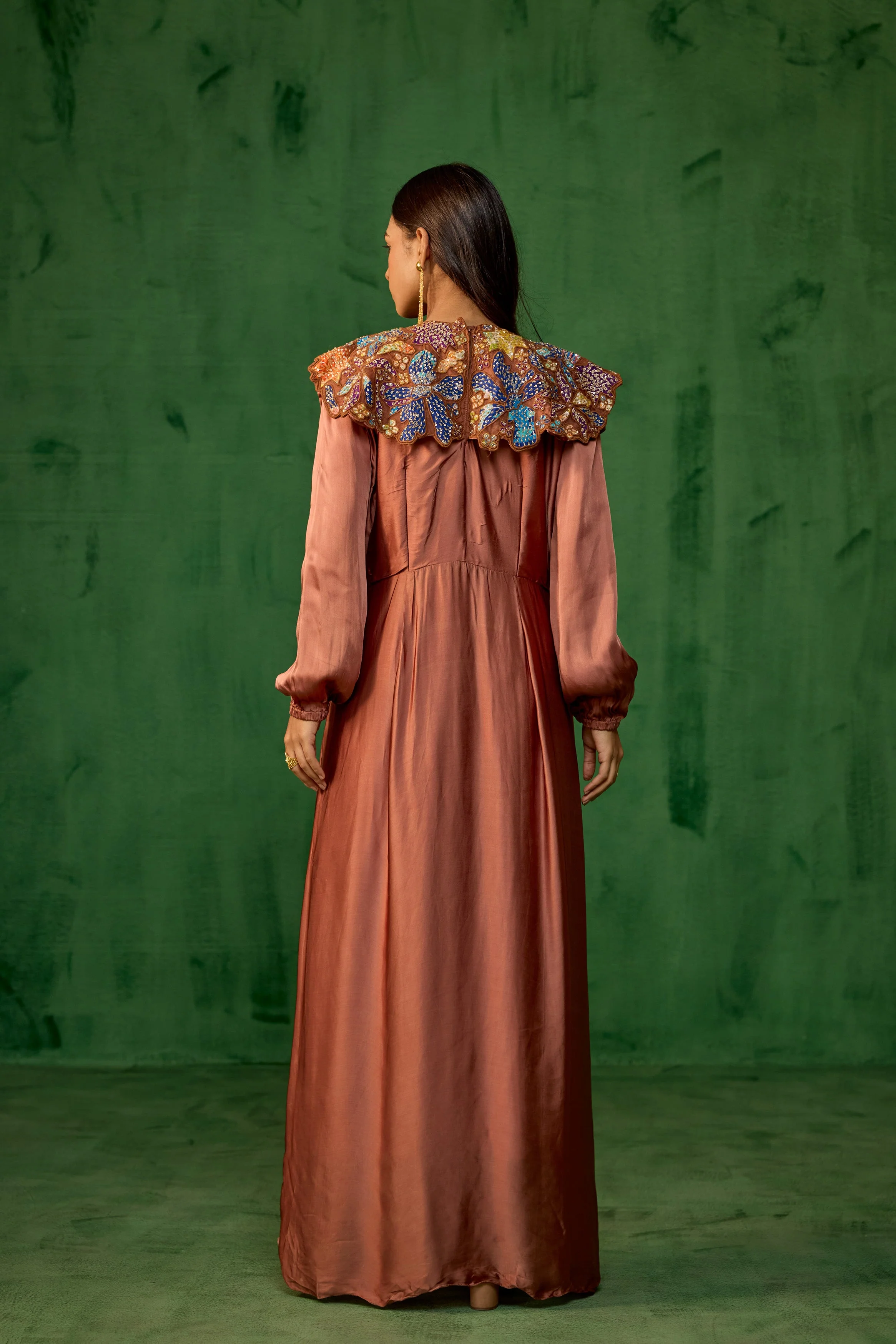 Rust Brown Embellished Satin Silk Gown - Image 5